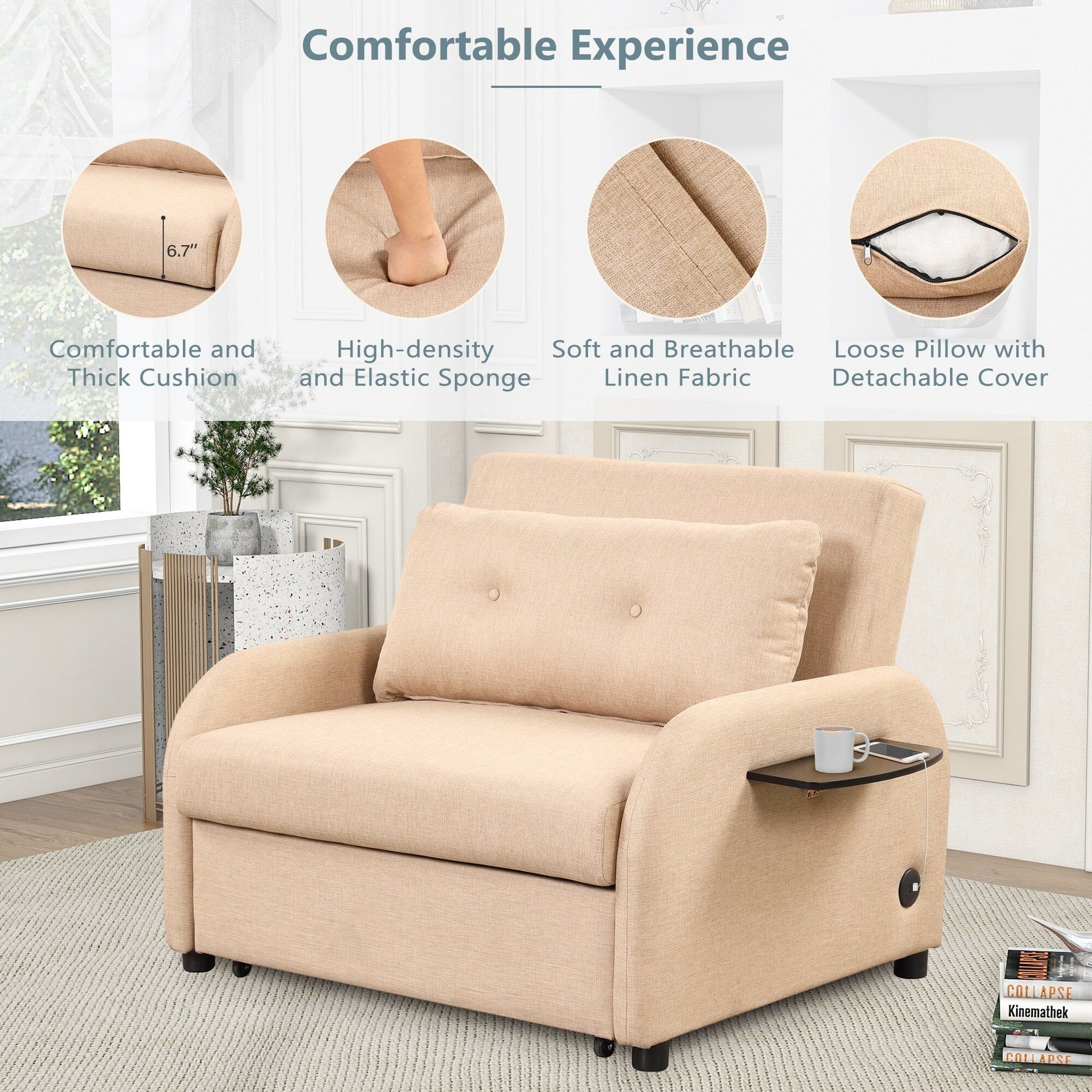 48.82-Seater Sleeper Sofa 3 in 1 with 2 Wing Table and USB Charge