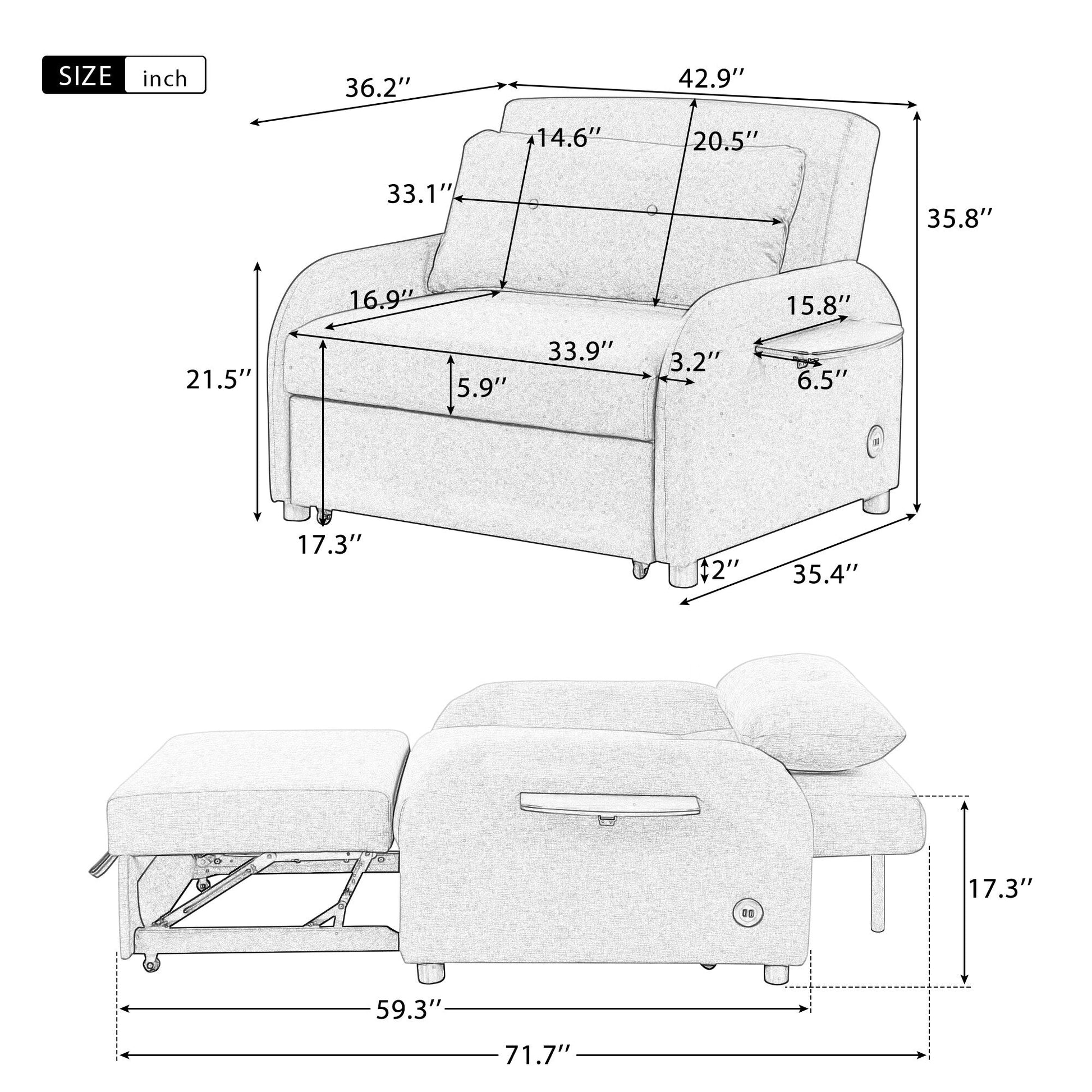 48.82-Seater Sleeper Sofa 3 in 1 with 2 Wing Table and USB Charge