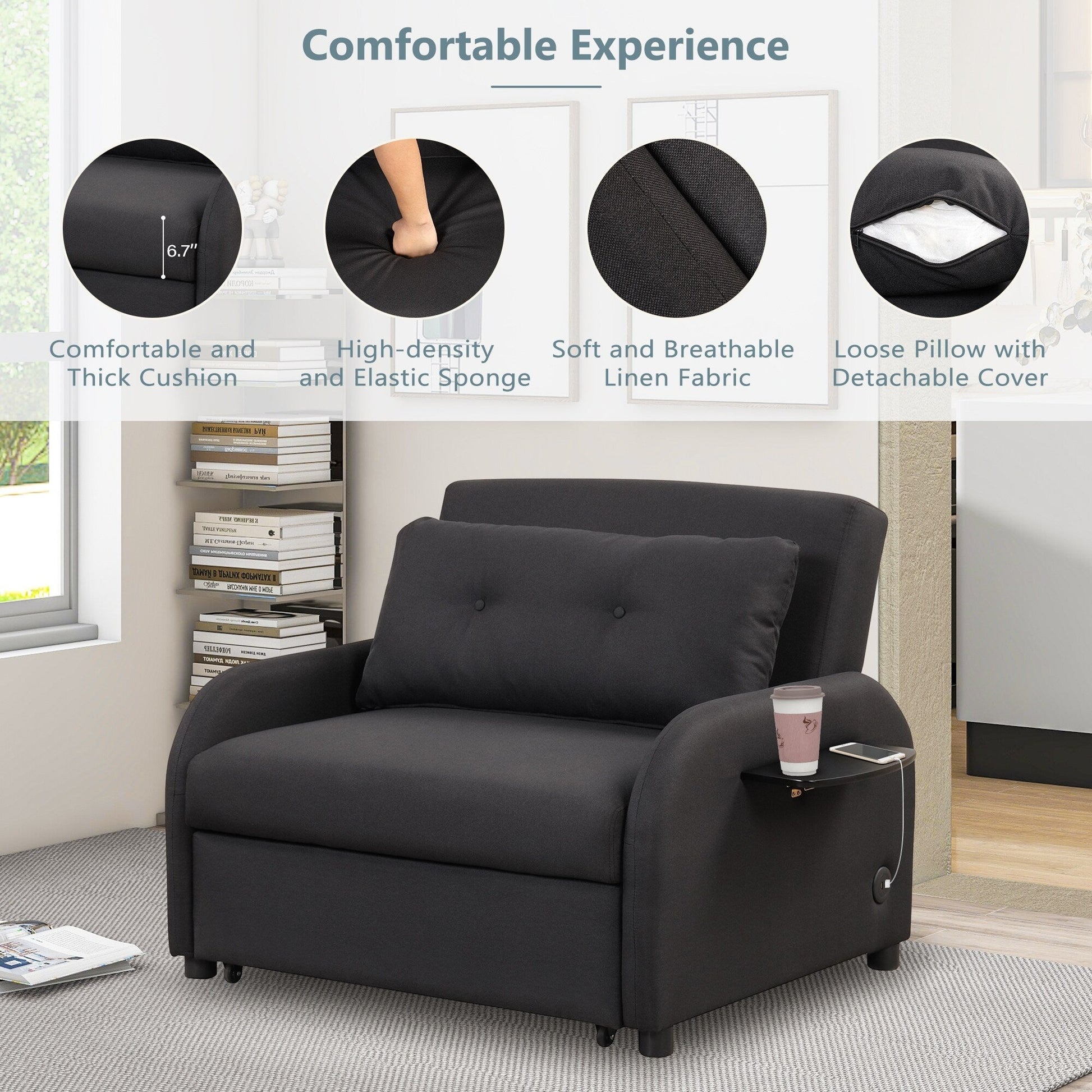 48.82-Seater Sleeper Sofa 3 in 1 with 2 Wing Table and USB Charge