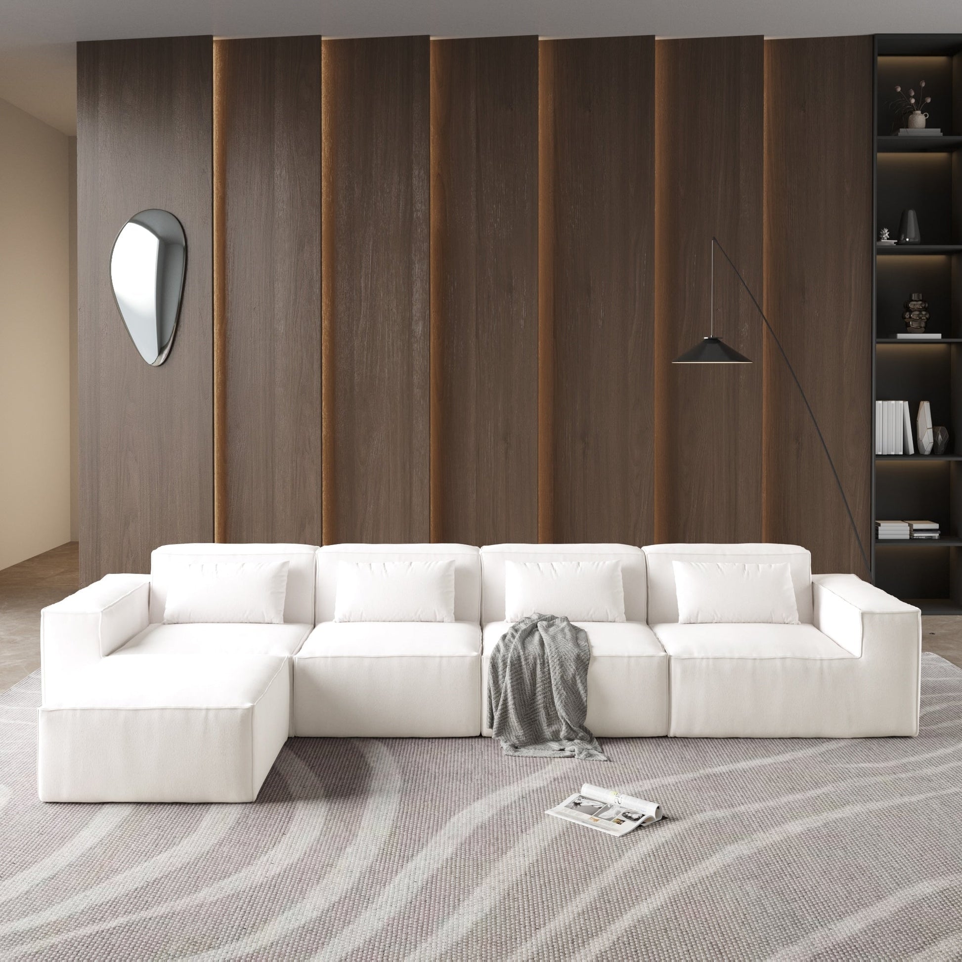 Canapé d'angle modulable en cordouroy pour 5 personnes avec plusieurs coussins