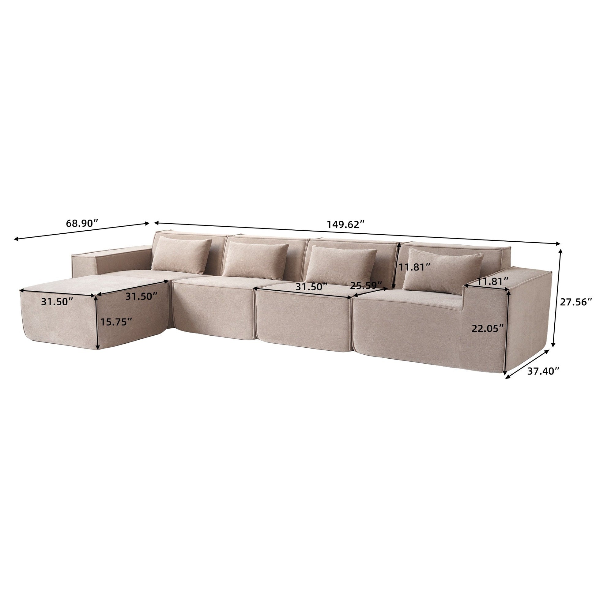 Canapé d'angle modulable en cordouroy pour 5 personnes avec plusieurs coussins