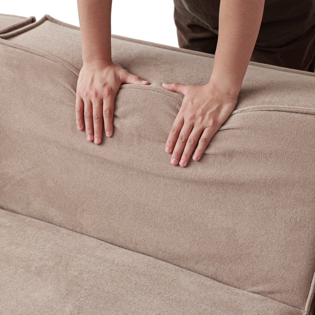 Canapé d'angle modulable en cordouroy pour 5 personnes avec plusieurs coussins