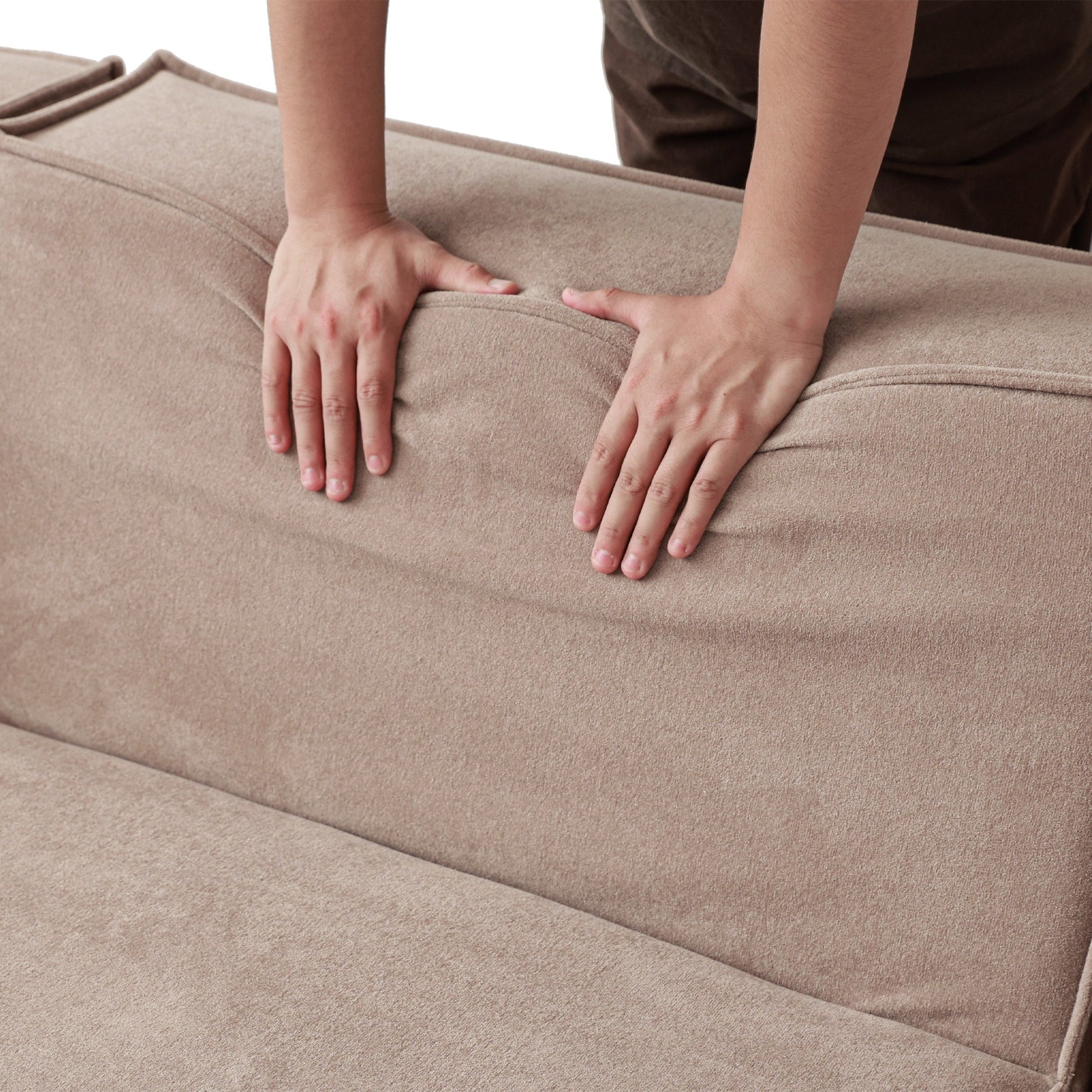 Canapé d'angle modulable en cordouroy pour 5 personnes avec plusieurs coussins