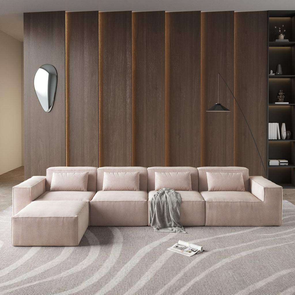 Canapé d'angle modulable en cordouroy pour 5 personnes avec plusieurs coussins