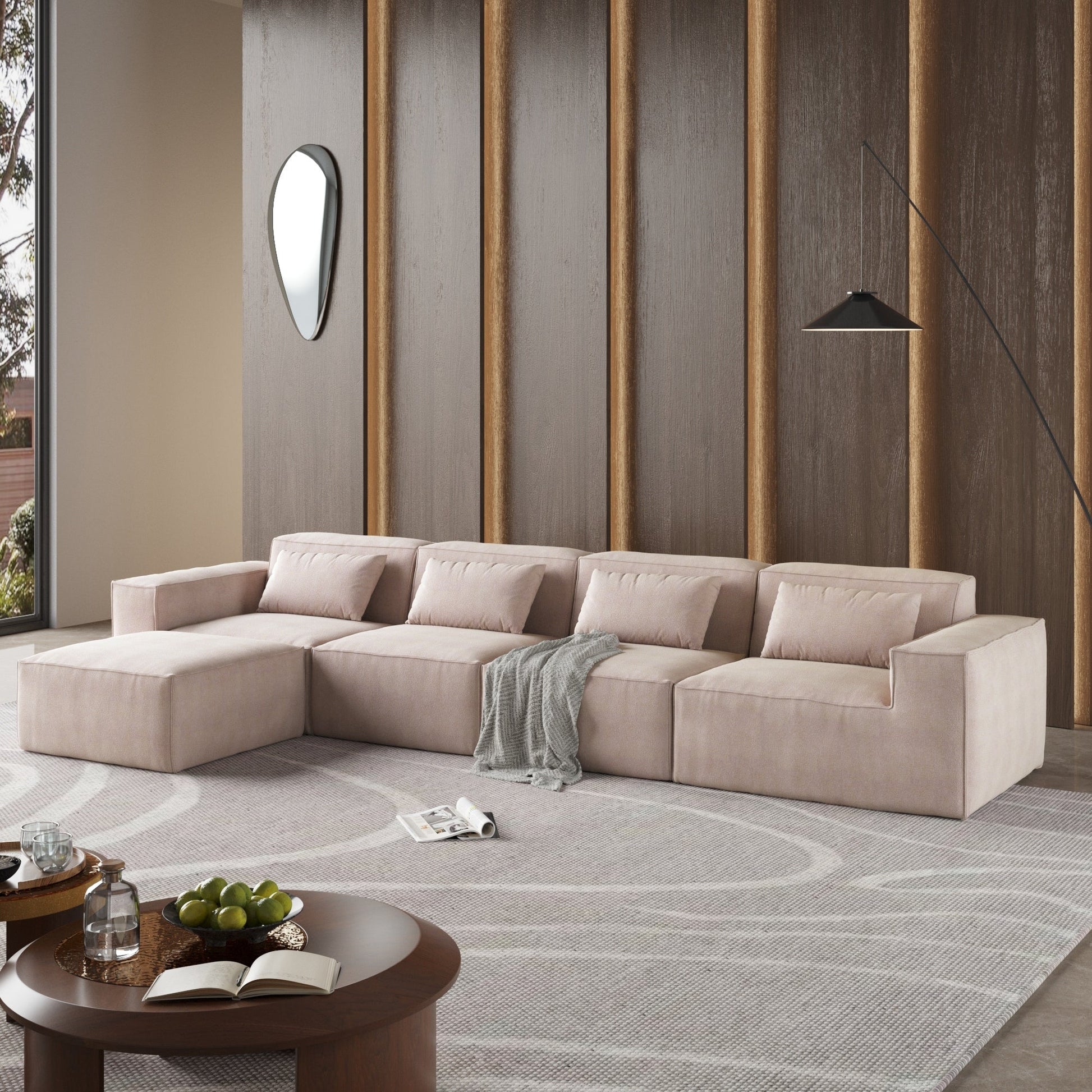 Canapé d'angle modulable en cordouroy pour 5 personnes avec plusieurs coussins