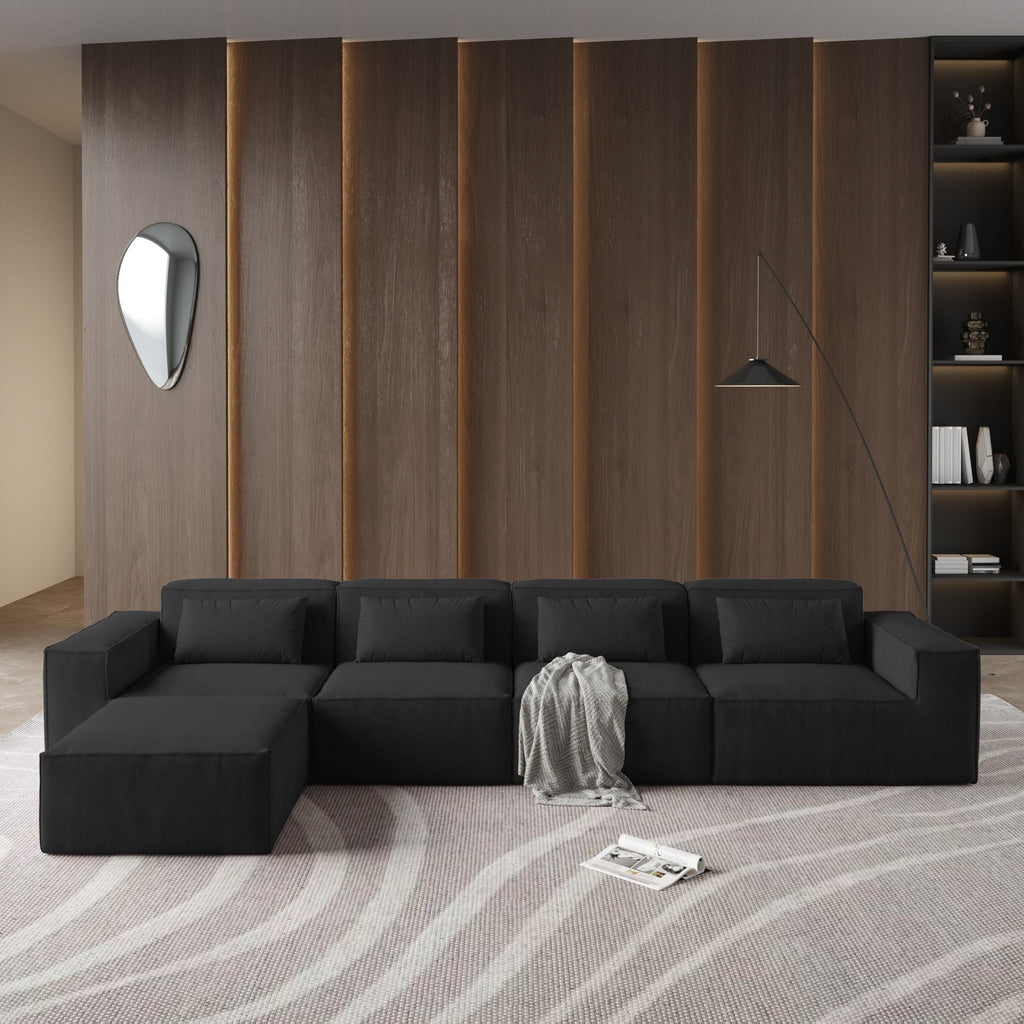 Canapé d'angle modulable en cordouroy pour 5 personnes avec plusieurs coussins