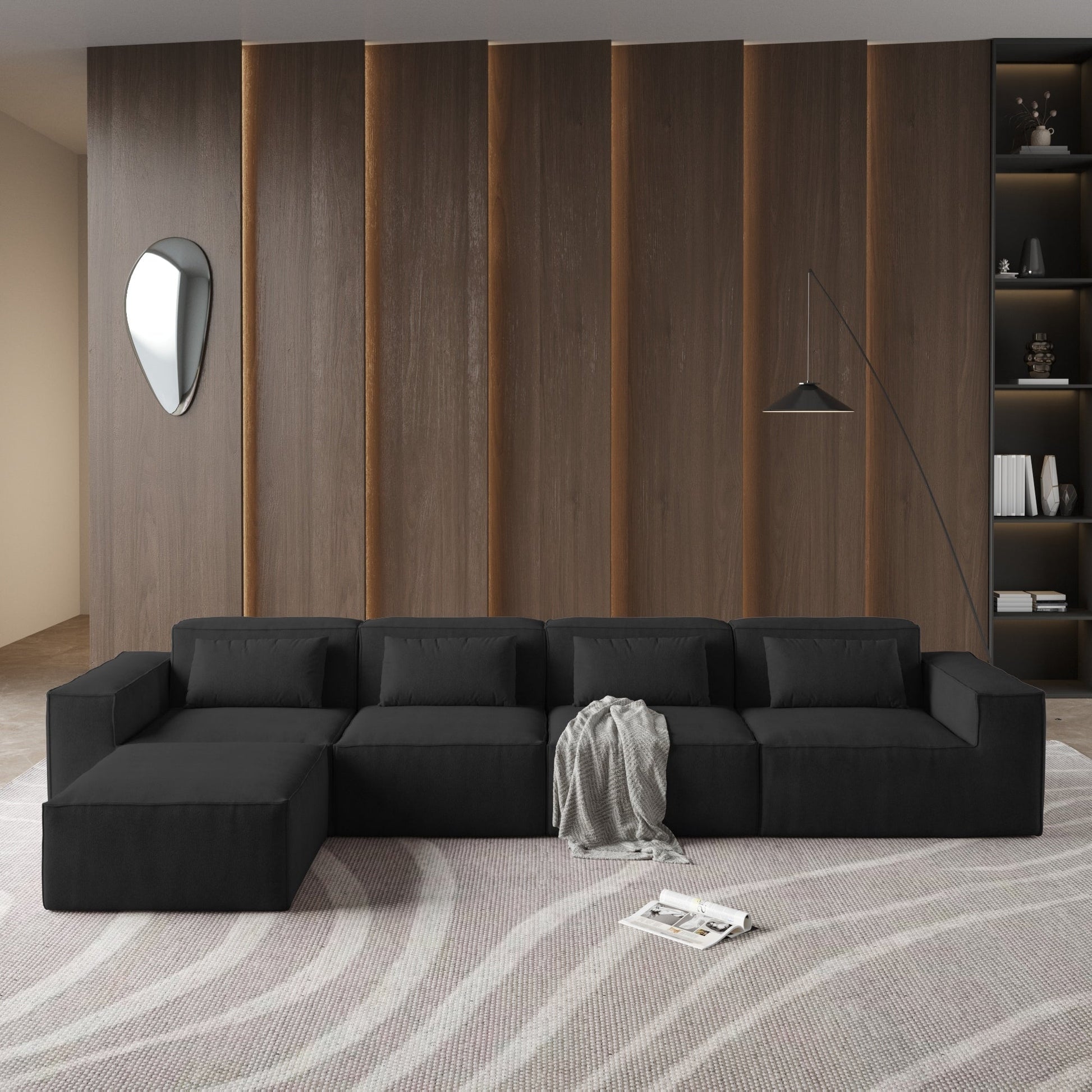 Canapé d'angle modulable en cordouroy pour 5 personnes avec plusieurs coussins