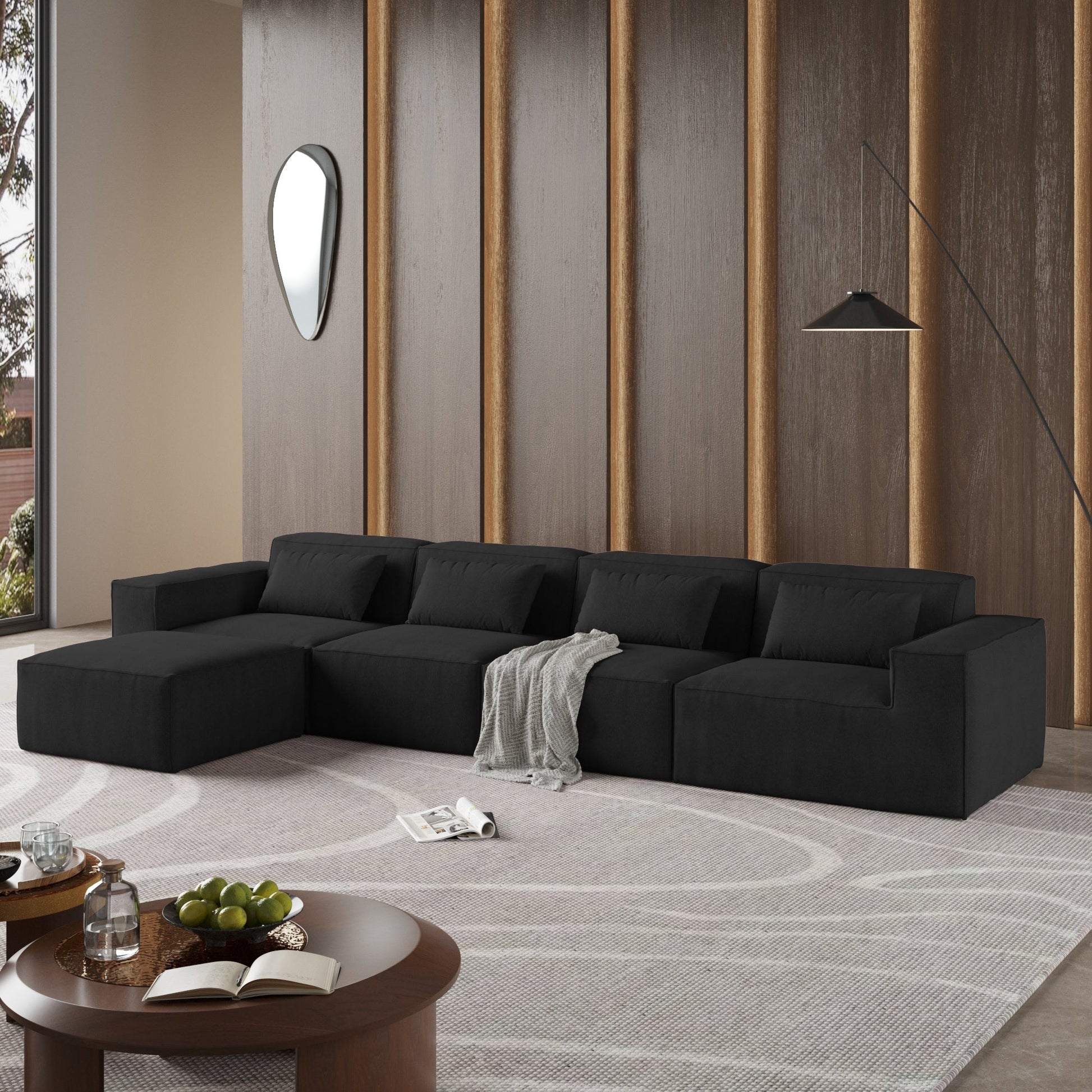 Canapé d'angle modulable en cordouroy pour 5 personnes avec plusieurs coussins