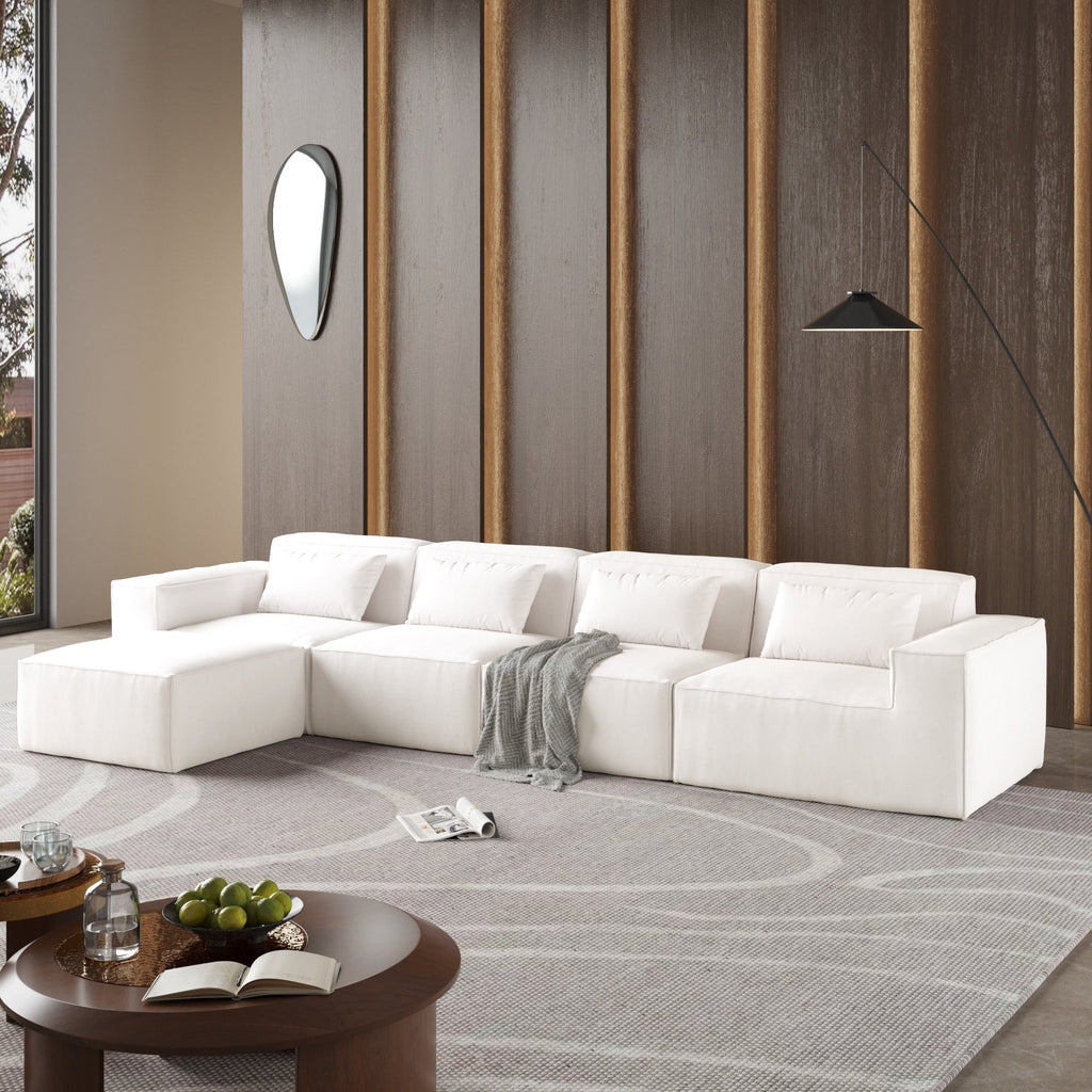 Canapé d'angle modulable en cordouroy pour 5 personnes avec plusieurs coussins