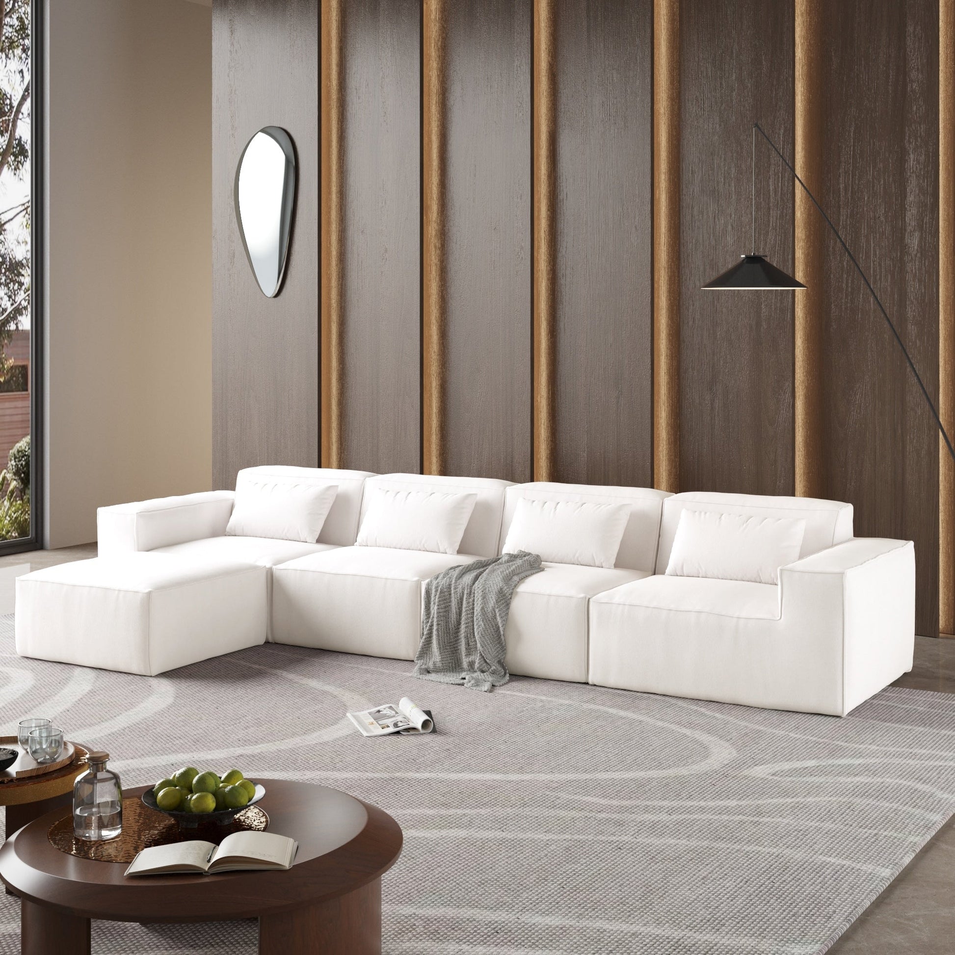Canapé d'angle modulable en cordouroy pour 5 personnes avec plusieurs coussins