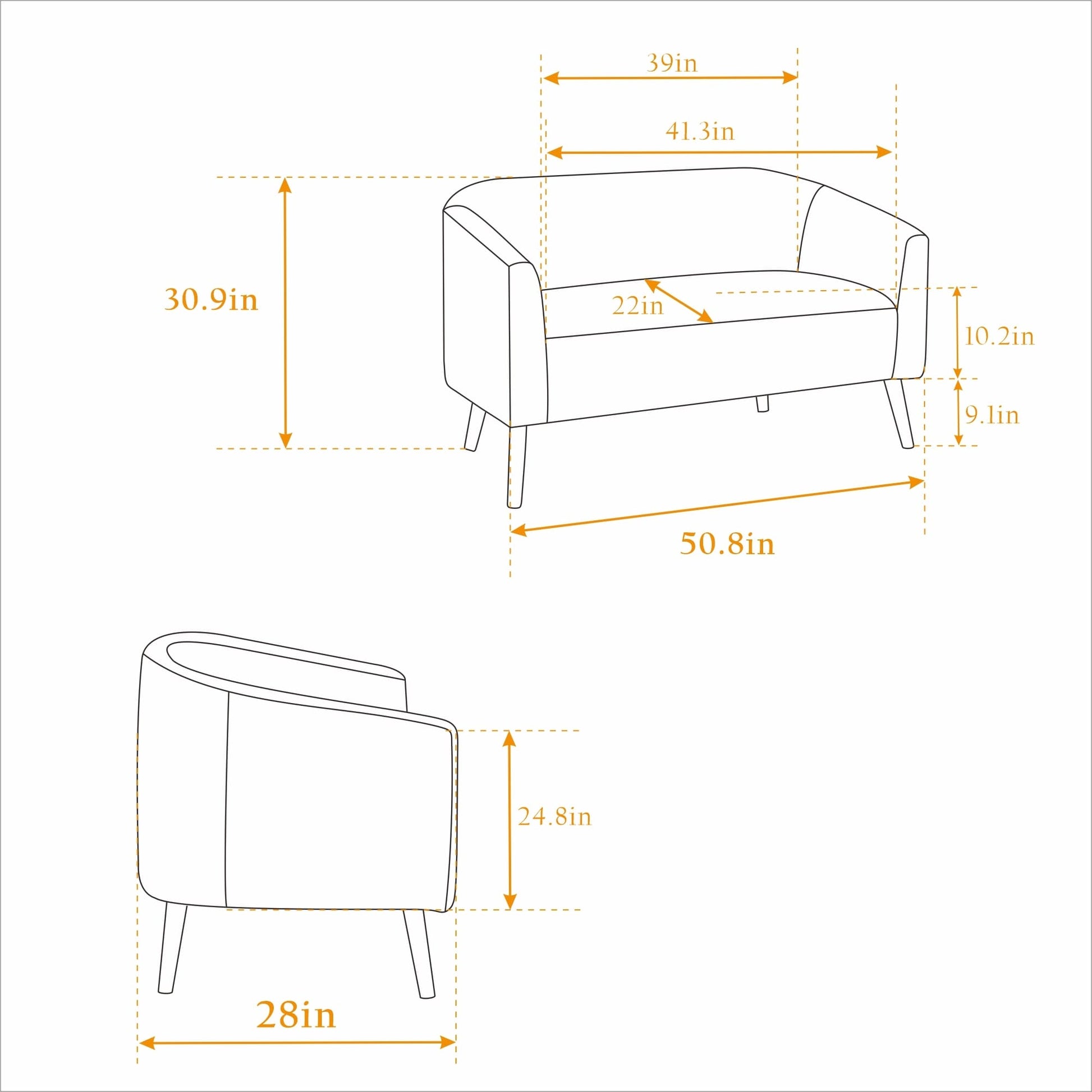 Canapé Loveseat Moderne 50.78, Canapé 2 Places Tapissé en Tissu Cordouroy, Loveseat avec Pieds en Bois de Noyer
