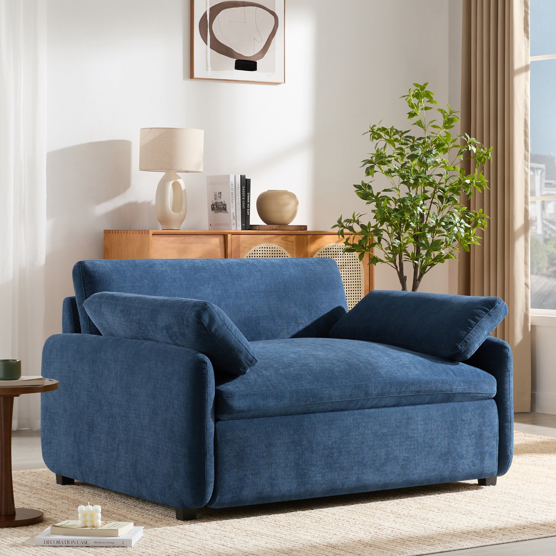 Fauteuil de salon en chenille surdimensionné - Fauteuil à dossier haut et assise profonde avec motif à blocs de couleur et coussins décoratifs