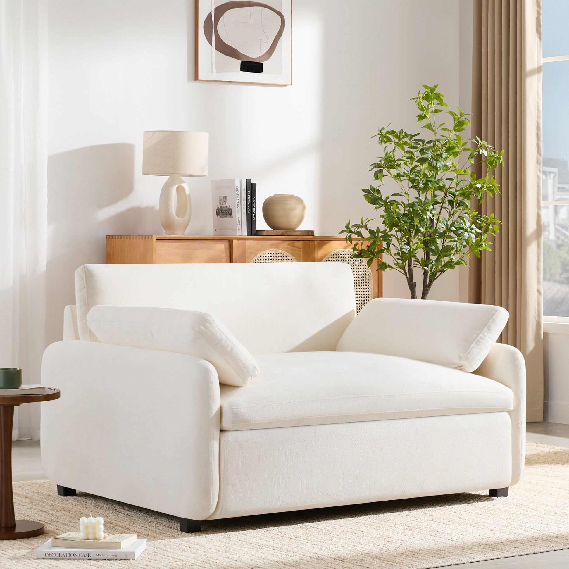 Fauteuil de salon en chenille surdimensionné - Fauteuil à dossier haut et assise profonde avec motif à blocs de couleur et coussins décoratifs