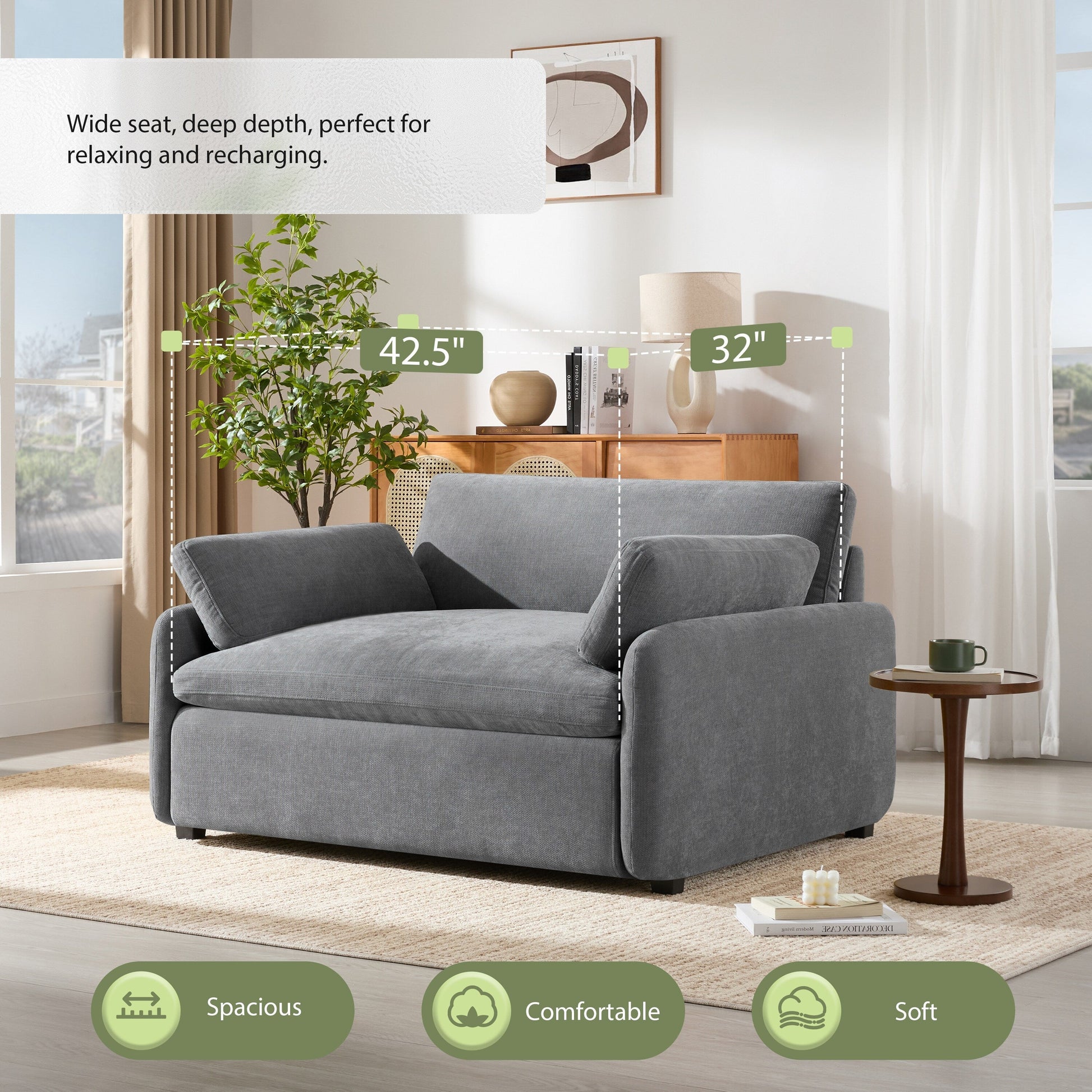 Fauteuil de salon en chenille surdimensionné - Fauteuil à dossier haut et assise profonde avec motif à blocs de couleur et coussins décoratifs