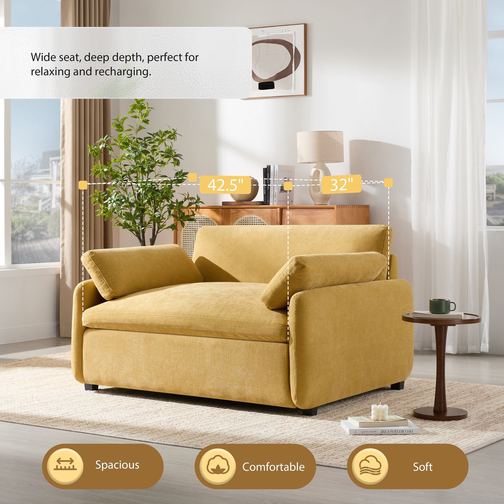 Fauteuil de salon en chenille surdimensionné - Fauteuil à dossier haut et assise profonde avec motif à blocs de couleur et coussins décoratifs