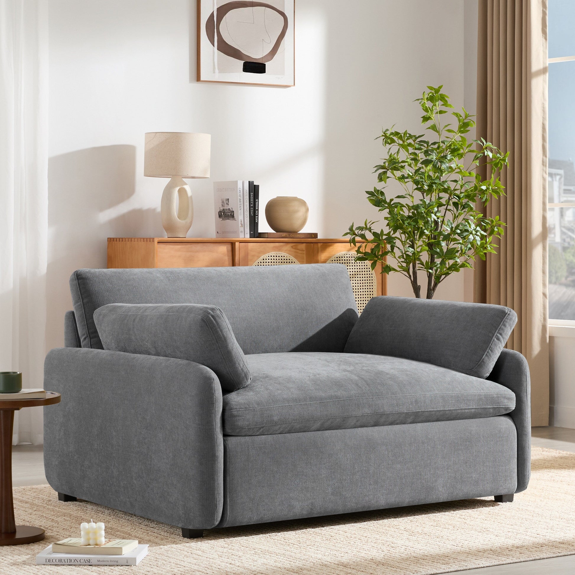 Fauteuil de salon en chenille surdimensionné - Fauteuil à dossier haut et assise profonde avec motif à blocs de couleur et coussins décoratifs