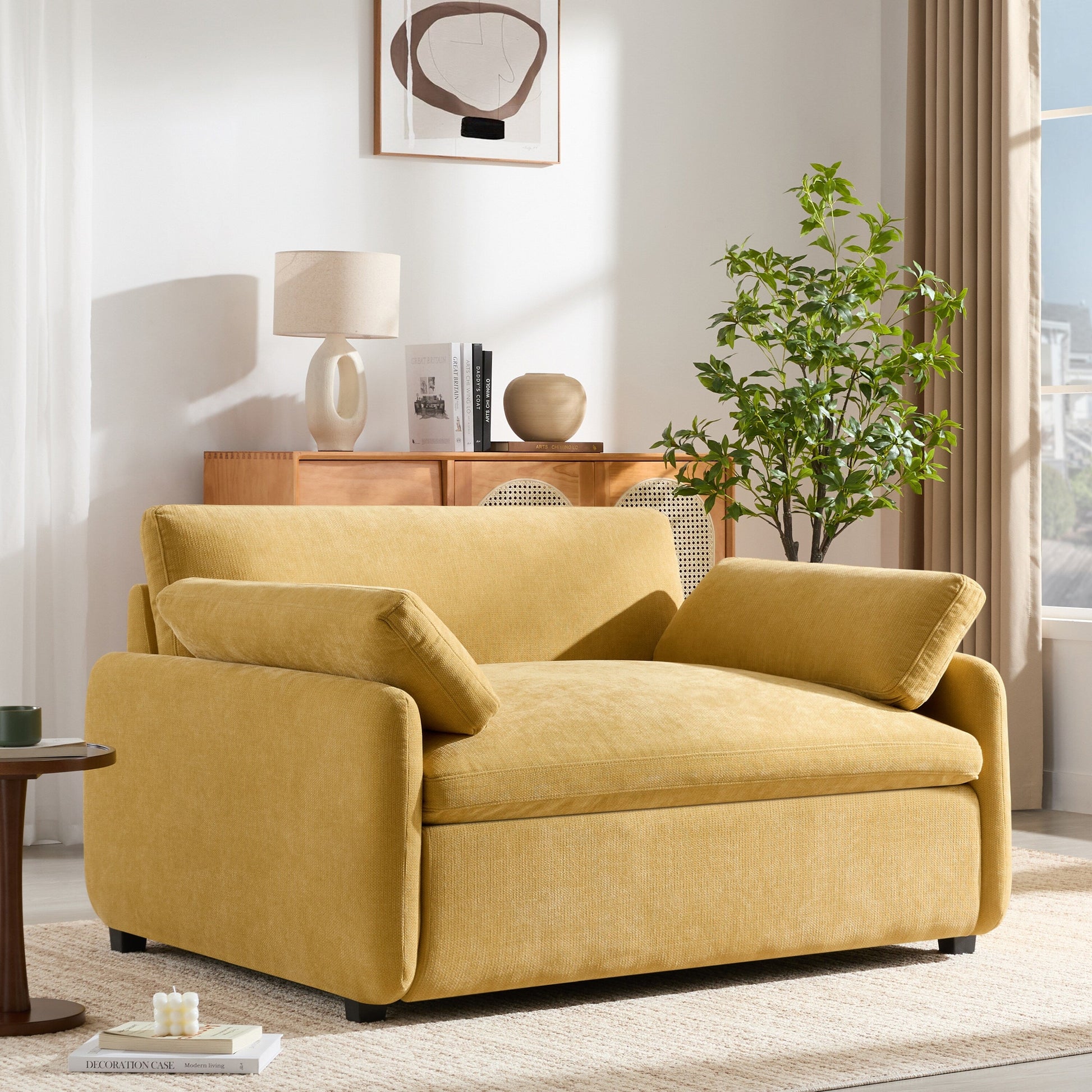 Fauteuil de salon en chenille surdimensionné - Fauteuil à dossier haut et assise profonde avec motif à blocs de couleur et coussins décoratifs
