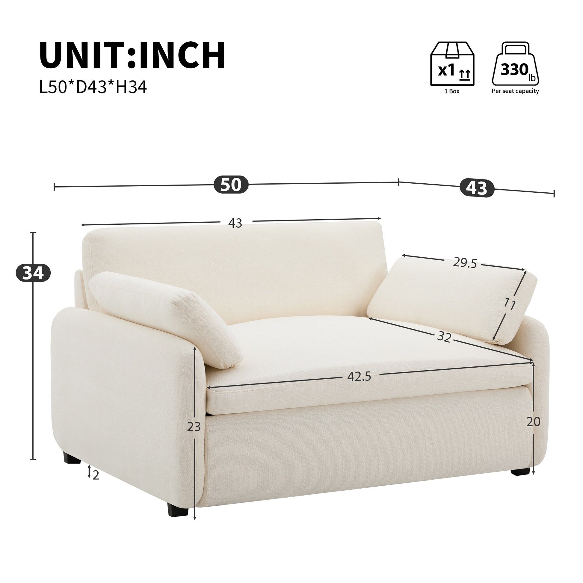 Fauteuil Chenille Surdimensionné 50*43, Fauteuil d'Accent Large et Profond, Fauteuil Confortable Moderne et Tissu Tissé