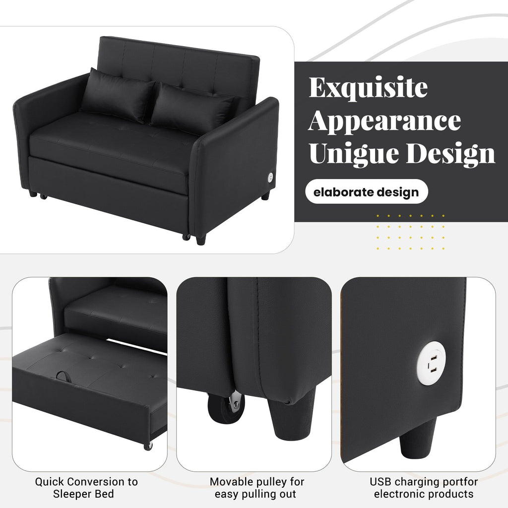 51.57 PU Convertible Sleeper Sofa with 3 USB Ports, 400lb Capacity, and Pull-Out Bed Mechanism