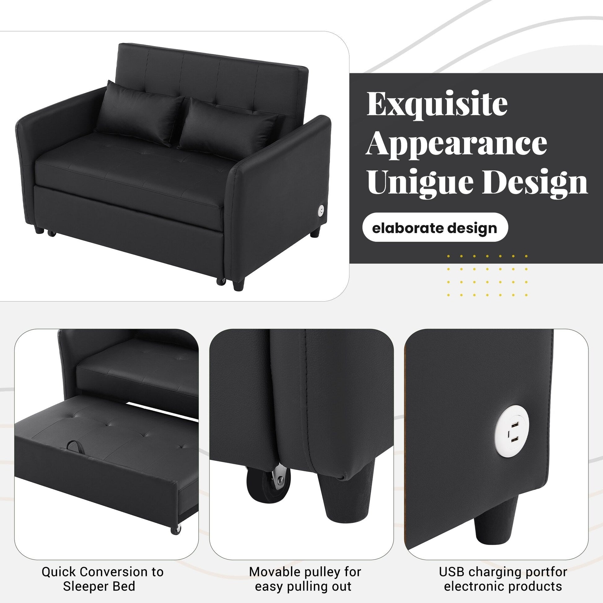 51.57 PU Convertible Sleeper Sofa with 3 USB Ports, 400lb Capacity, and Pull-Out Bed Mechanism