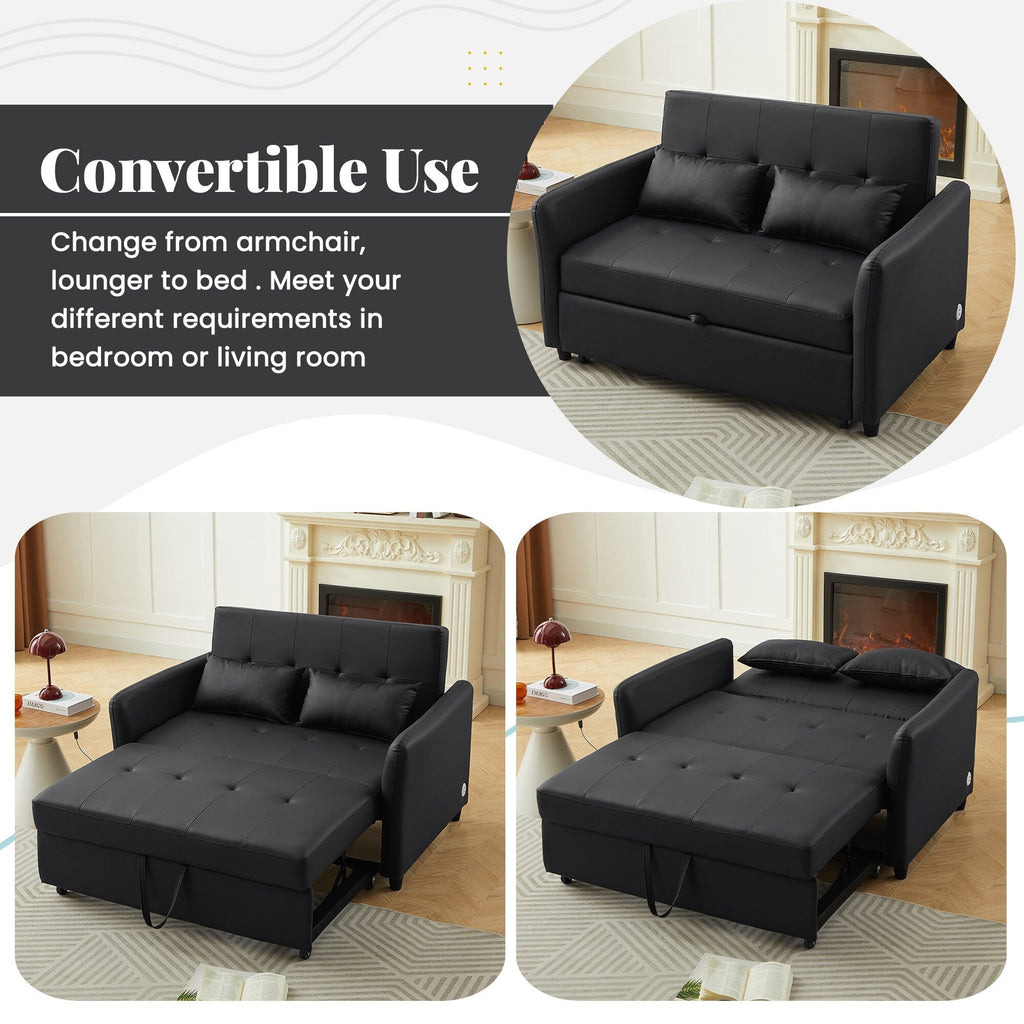 51.57 PU Convertible Sleeper Sofa with 3 USB Ports, 400lb Capacity, and Pull-Out Bed Mechanism
