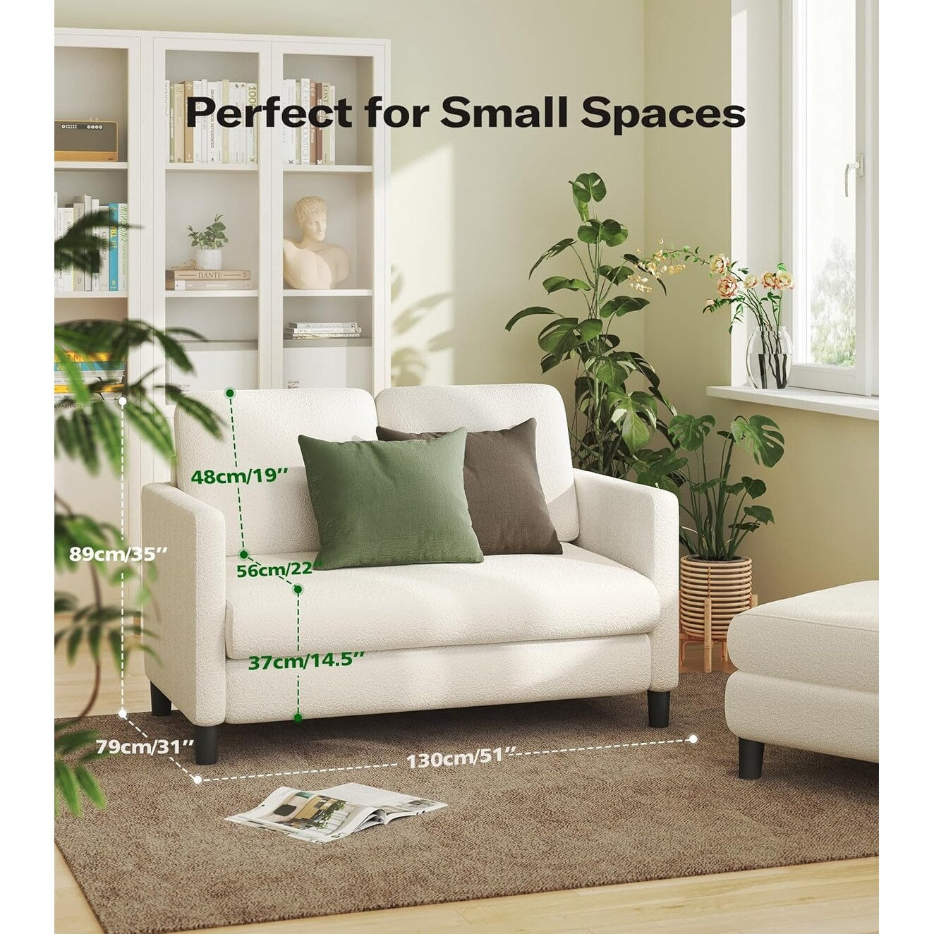 Canapé 2 places Teddy confortable de 51 pouces pour petits espaces - Structure entièrement en bois, canapé sans outil pour chambre à coucher et salon, beige