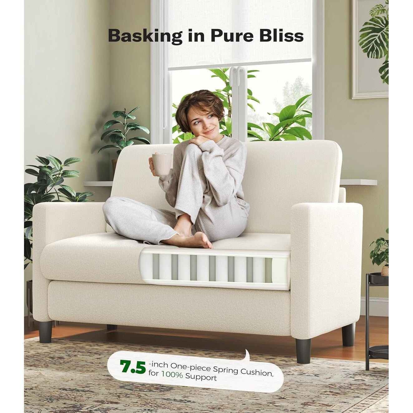 Canapé 2 places Teddy confortable de 51 pouces pour petits espaces - Structure entièrement en bois, canapé sans outil pour chambre à coucher et salon, beige