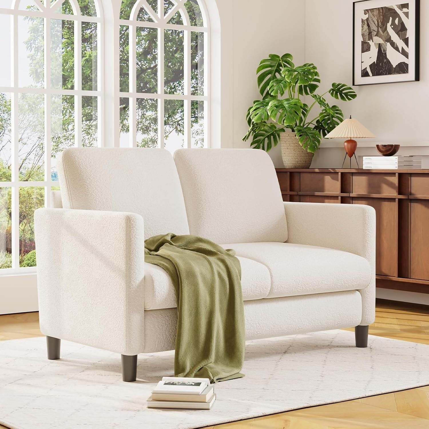 Canapé 2 places Teddy confortable de 51 pouces pour petits espaces - Structure entièrement en bois, canapé sans outil pour chambre à coucher et salon, beige