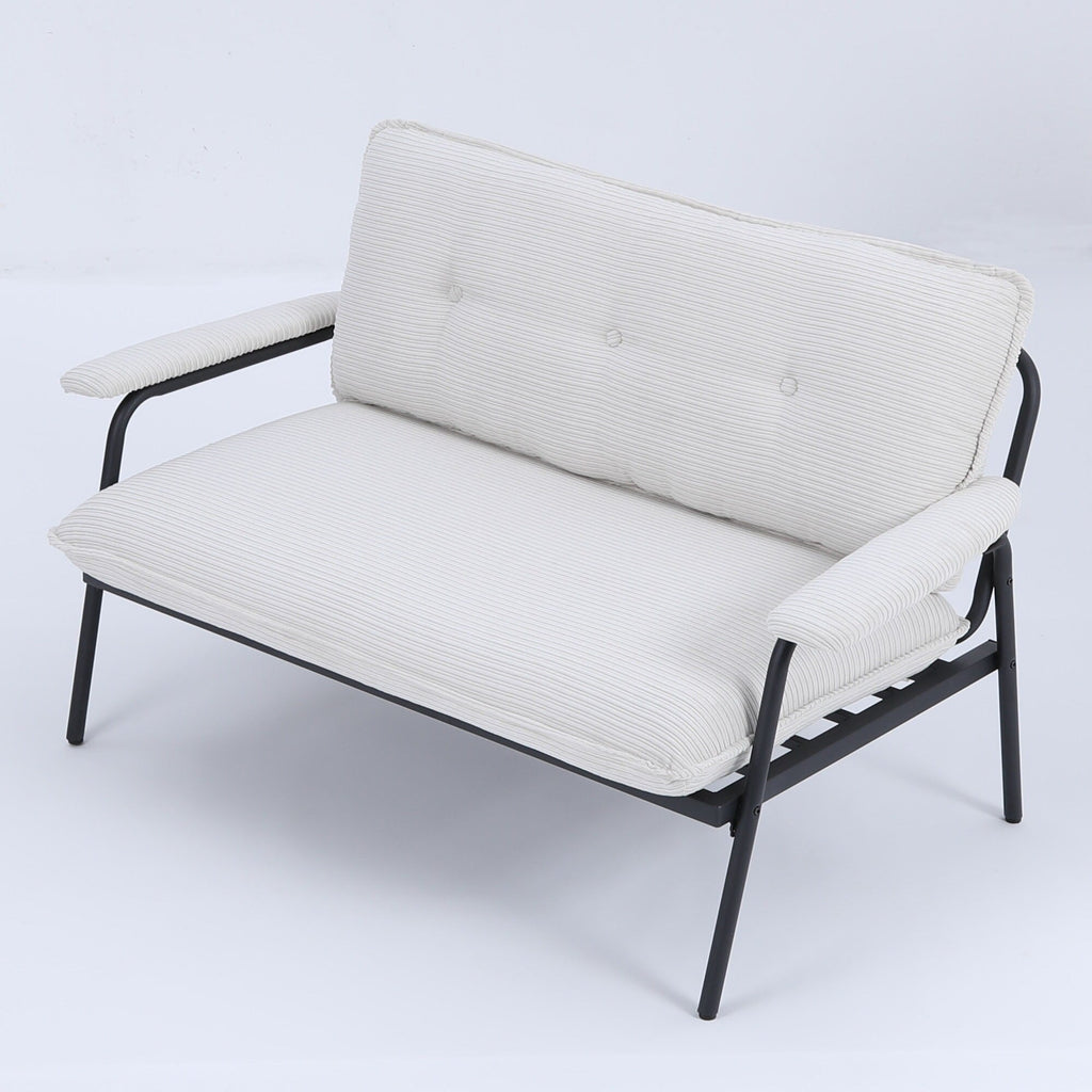 Canapé 2 places beige de 135 cm avec cadre en métal, idéal pour les petits espaces, en mélange de polyester, meuble moderne compact pour appartement.