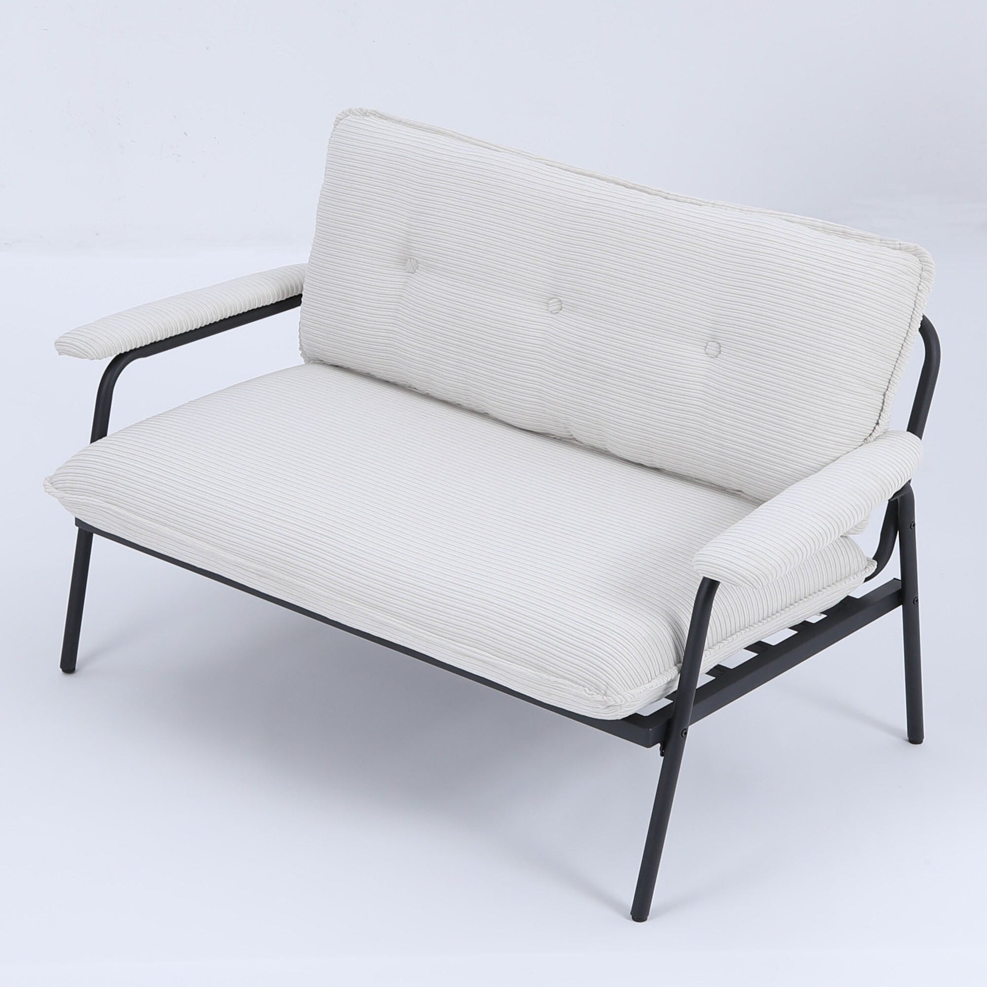Canapé 2 places beige de 135 cm avec cadre en métal, idéal pour les petits espaces, en mélange de polyester, meuble moderne compact pour appartement.