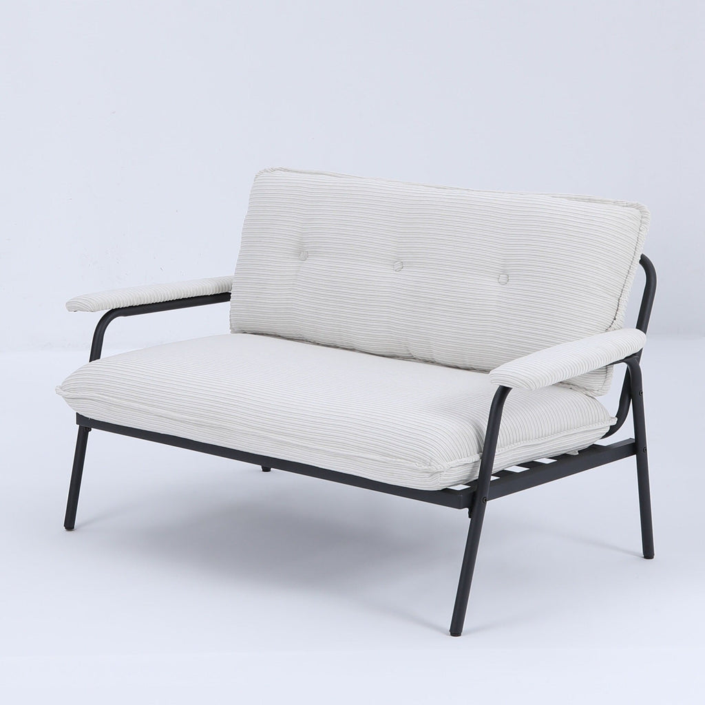 Canapé 2 places beige de 135 cm avec cadre en métal, idéal pour les petits espaces, en mélange de polyester, meuble moderne compact pour appartement.