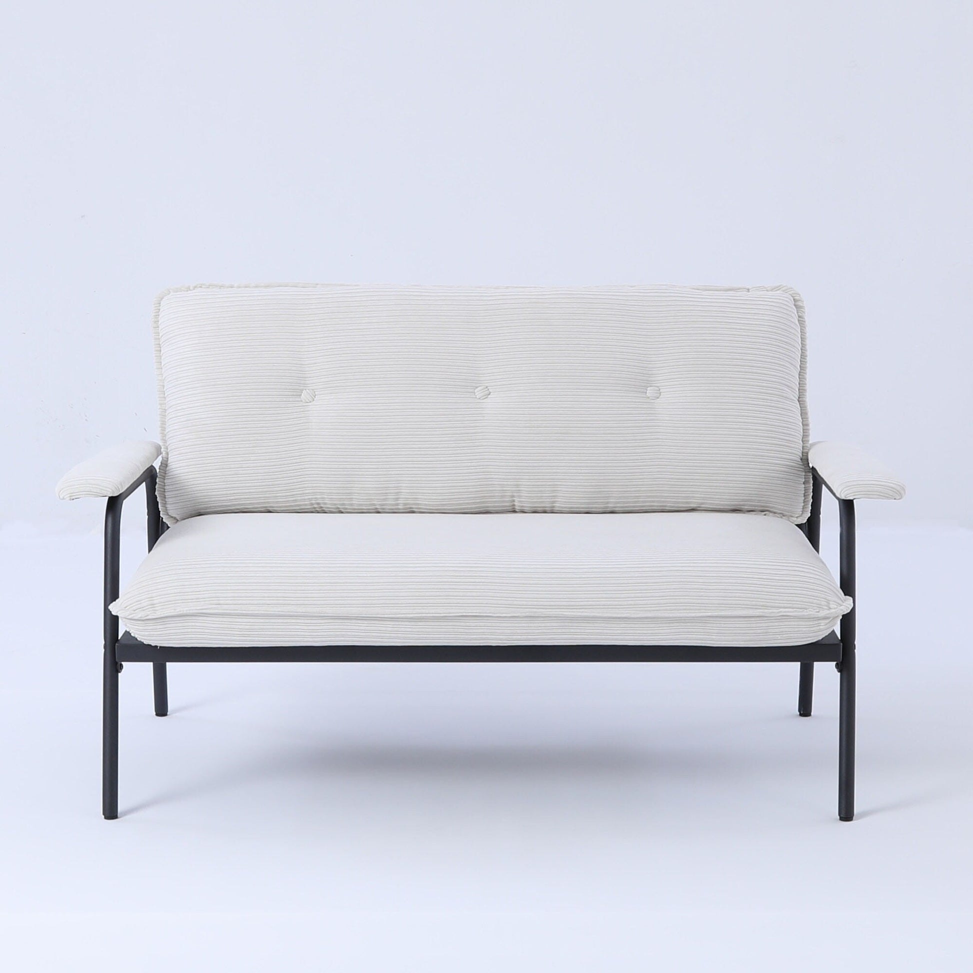 Canapé 2 places beige de 135 cm avec cadre en métal, idéal pour les petits espaces, en mélange de polyester, meuble moderne compact pour appartement.