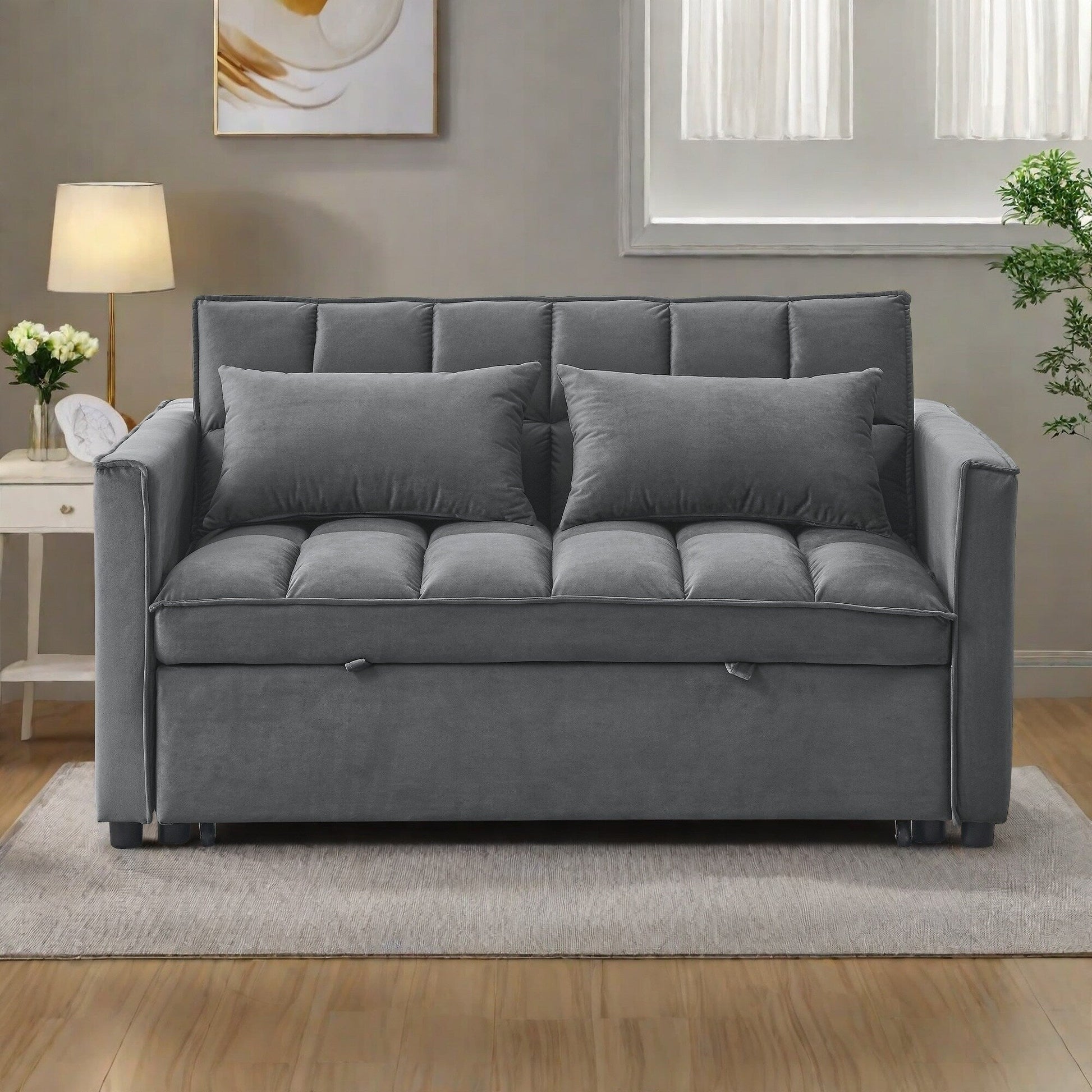 53.94 Velvet 2-Seater Sleeper Sofa with 3-Position Adjustable Backrest and Two Side Pockets