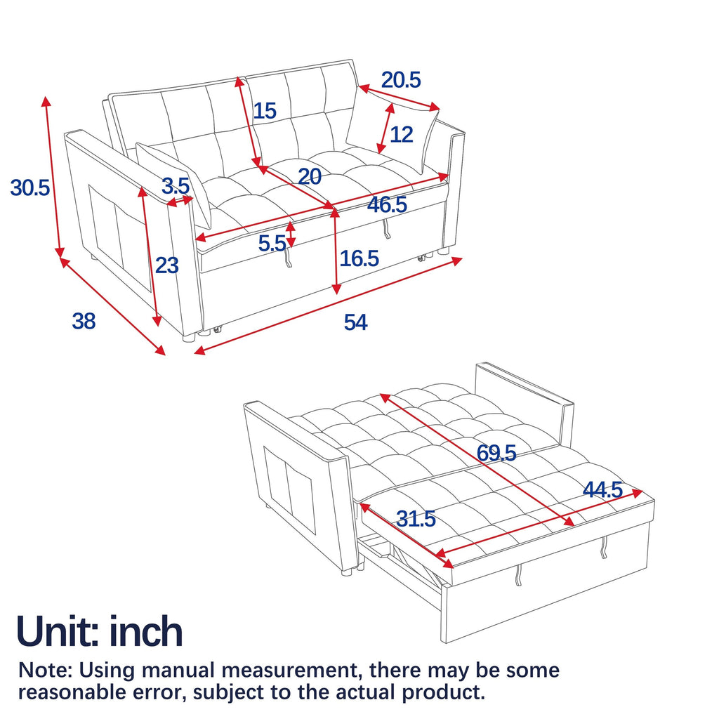 53.94 Velvet 2-Seater Sleeper Sofa with 3-Position Adjustable Backrest and Two Side Pockets