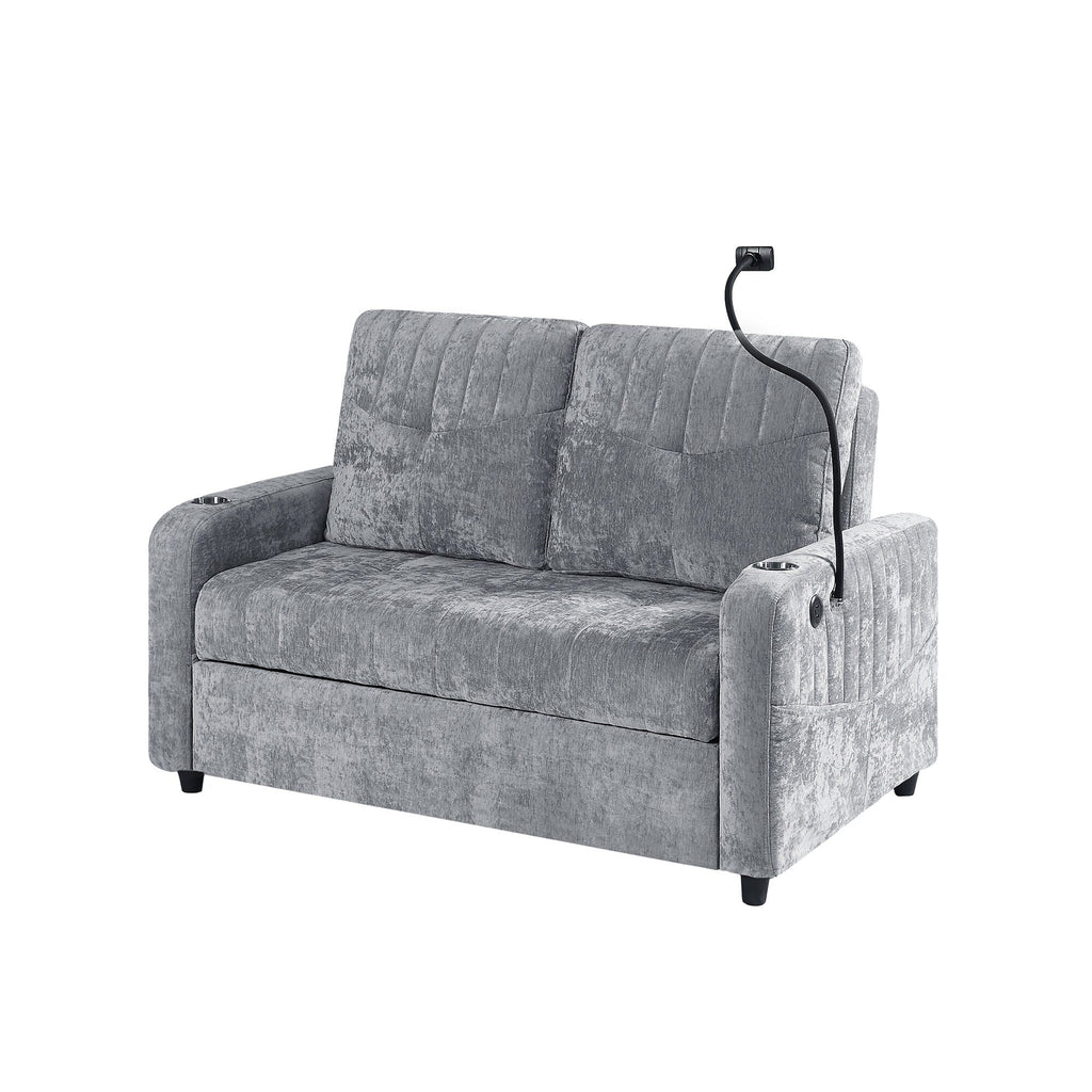 53.9 Chenille Convertible Loveseat with Pull-Out Bed, 3 USB Ports, and Smart Storage