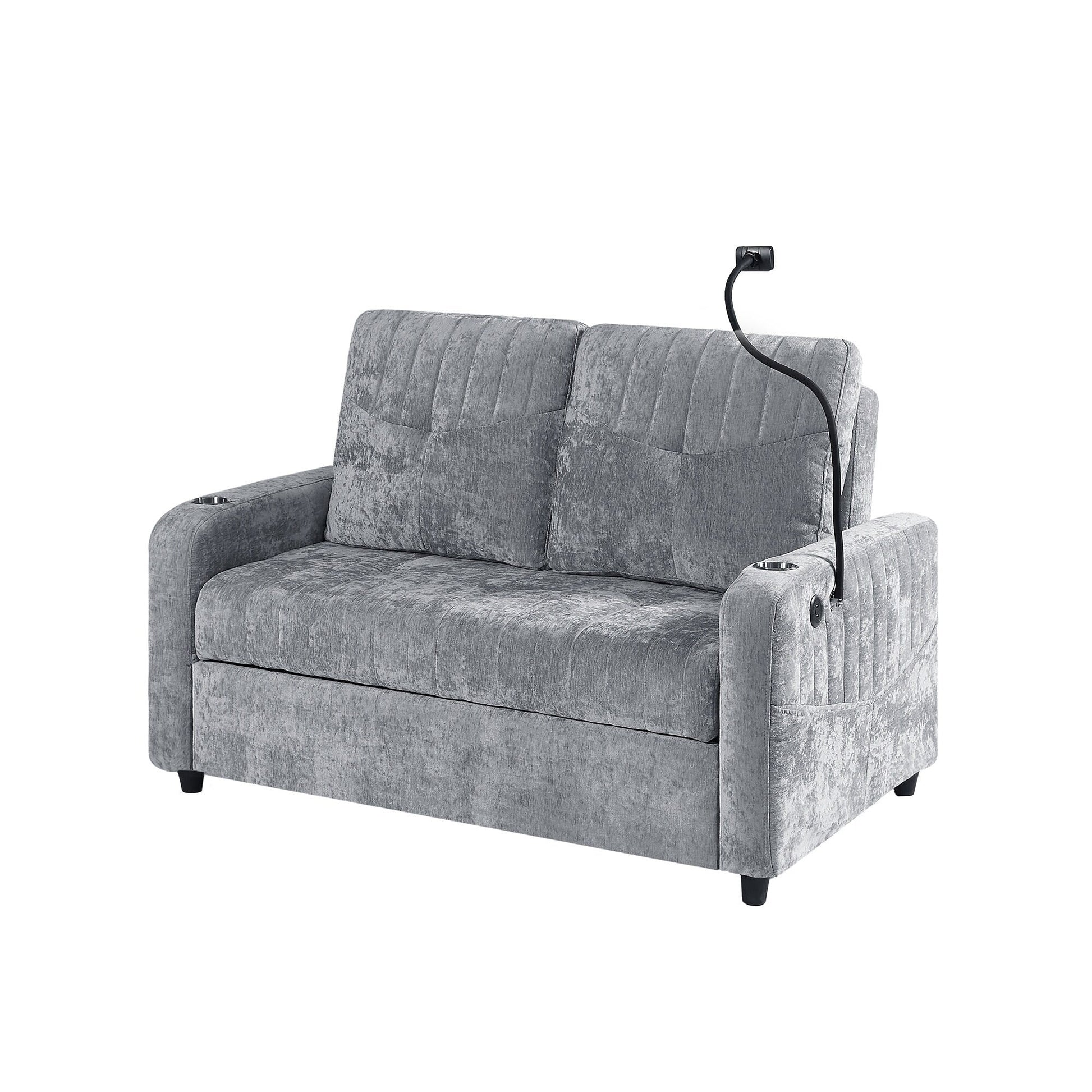 53.9 Chenille Convertible Loveseat with Pull-Out Bed, 3 USB Ports, and Smart Storage