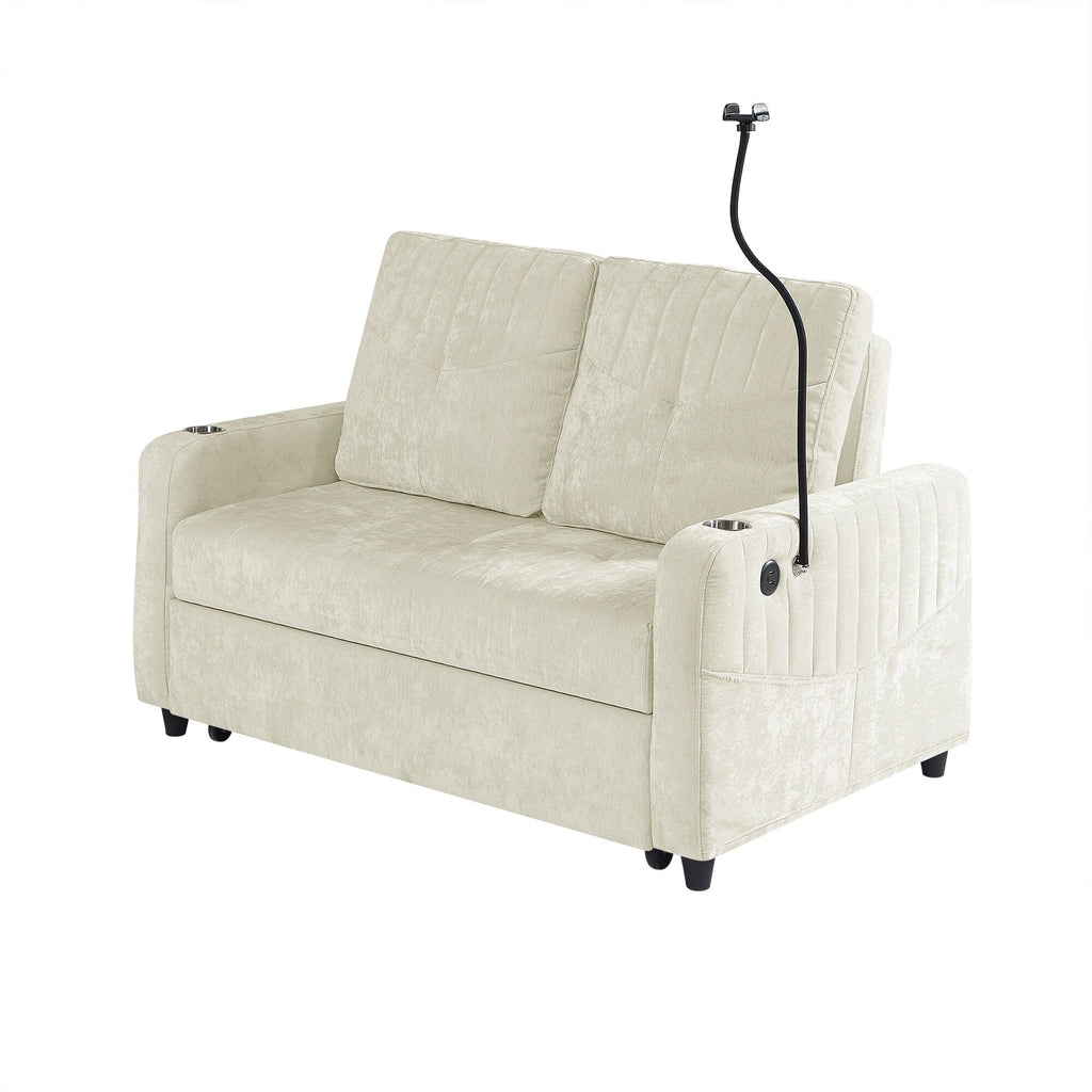 53.9 Chenille Convertible Loveseat with Pull-Out Bed, 3 USB Ports, and Smart Storage