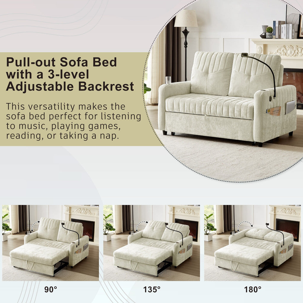53.9 Chenille Convertible Loveseat with Pull-Out Bed, 3 USB Ports, and Smart Storage