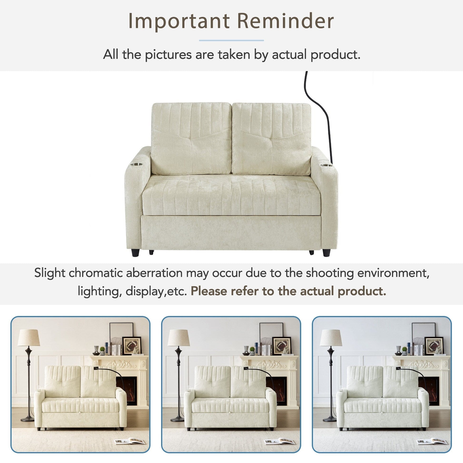 53.9 Chenille Convertible Loveseat with Pull-Out Bed, 3 USB Ports, and Smart Storage