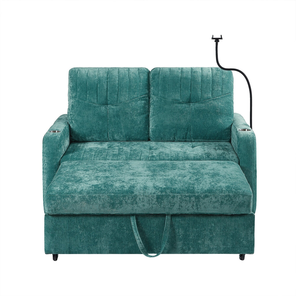 53.9 Chenille Convertible Loveseat with Pull-Out Bed, 3 USB Ports, and Smart Storage