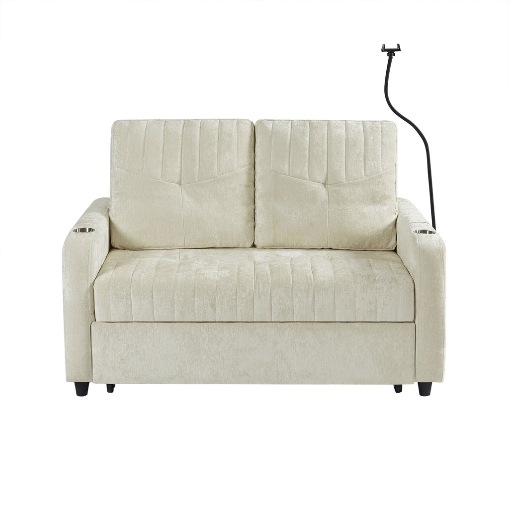 53.9 Chenille Convertible Loveseat with Pull-Out Bed, 3 USB Ports, and Smart Storage