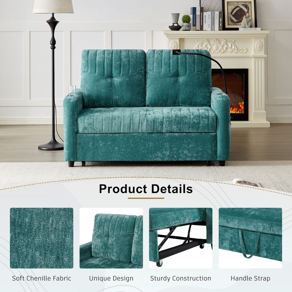 53.9 Chenille Convertible Loveseat with Pull-Out Bed, 3 USB Ports, and Smart Storage
