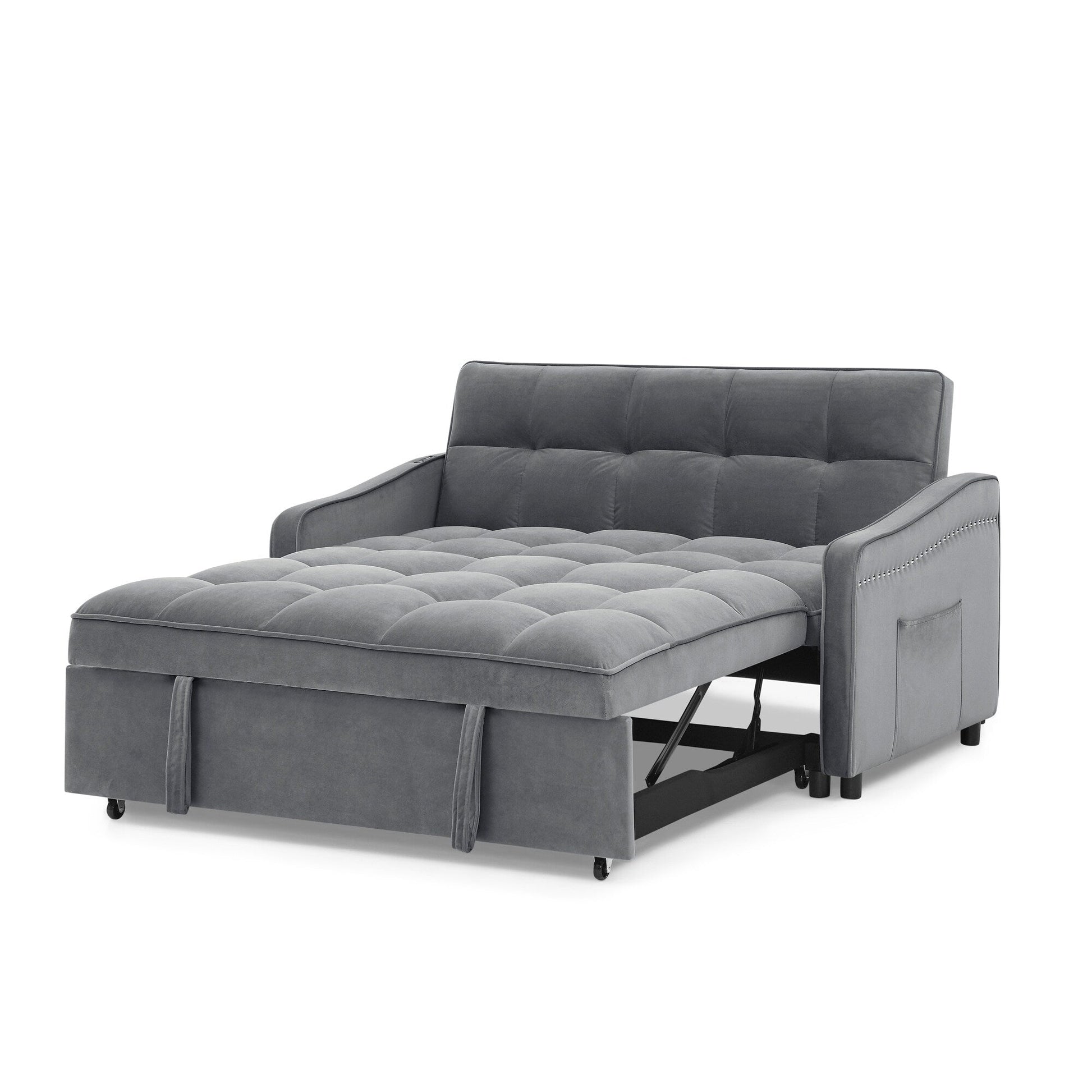 53 Foam Adjustable Loveseat Sofa Bed with Pull-Out Bed, USB/Type-C Charging, Copper Nail Trim, and Arm Storage Pockets