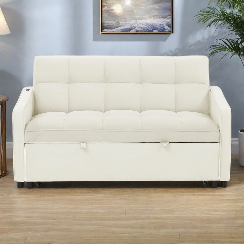53 Foam Adjustable Loveseat Sofa Bed with Pull-Out Bed, USB/Type-C Charging, Copper Nail Trim, and Arm Storage Pockets