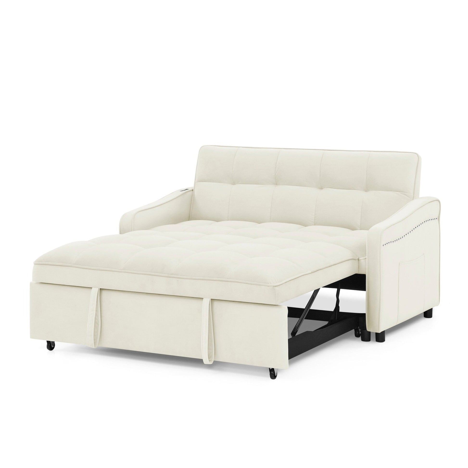 53 Foam Adjustable Loveseat Sofa Bed with Pull-Out Bed, USB/Type-C Charging, Copper Nail Trim, and Arm Storage Pockets