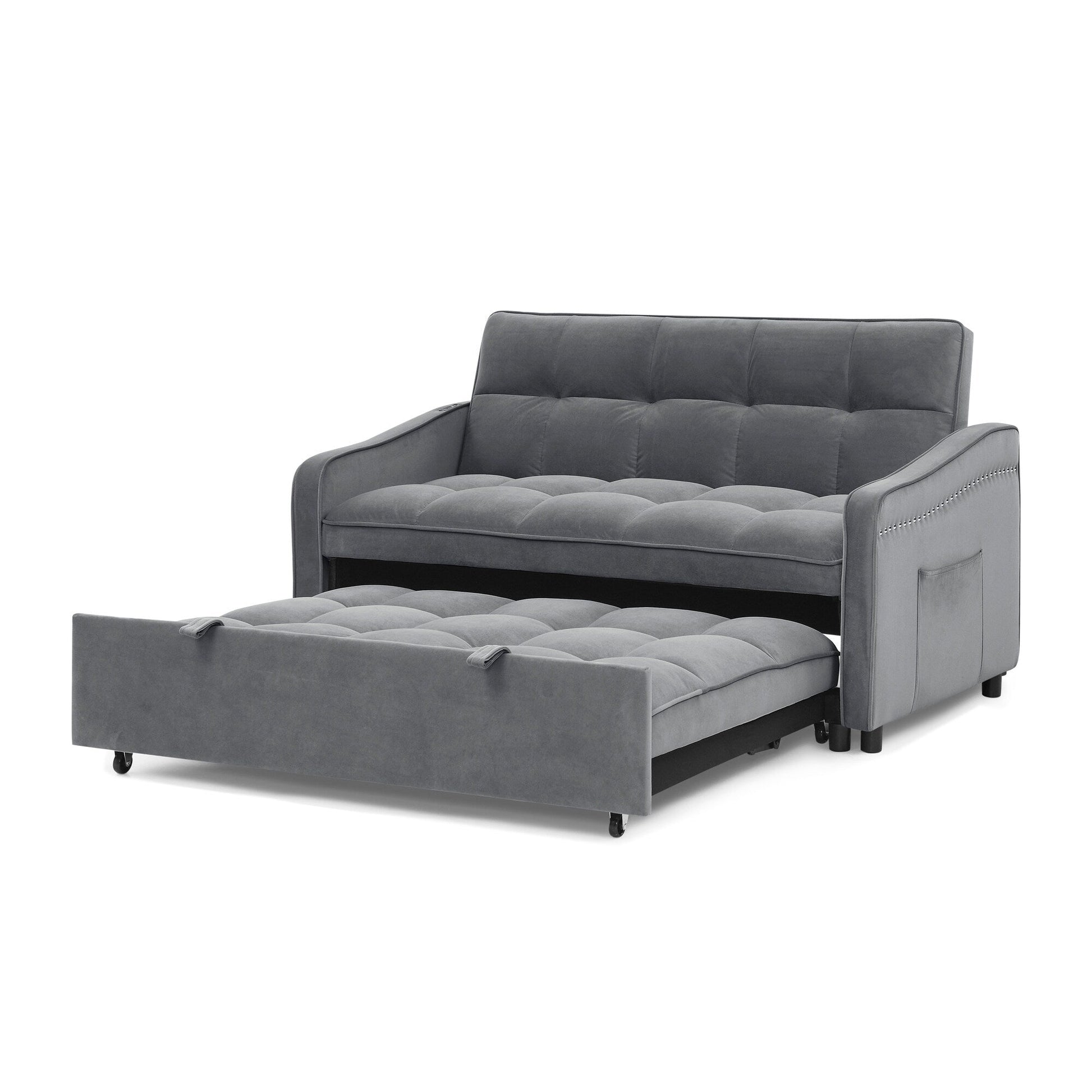 53 Foam Adjustable Loveseat Sofa Bed with Pull-Out Bed, USB/Type-C Charging, Copper Nail Trim, and Arm Storage Pockets