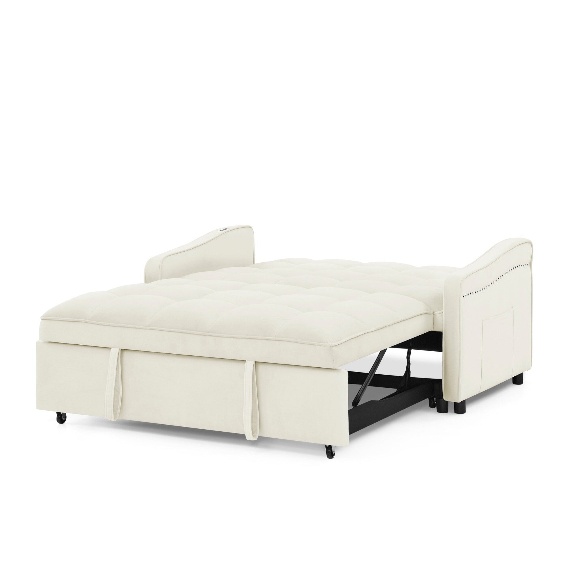 53 Foam Adjustable Loveseat Sofa Bed with Pull-Out Bed, USB/Type-C Charging, Copper Nail Trim, and Arm Storage Pockets