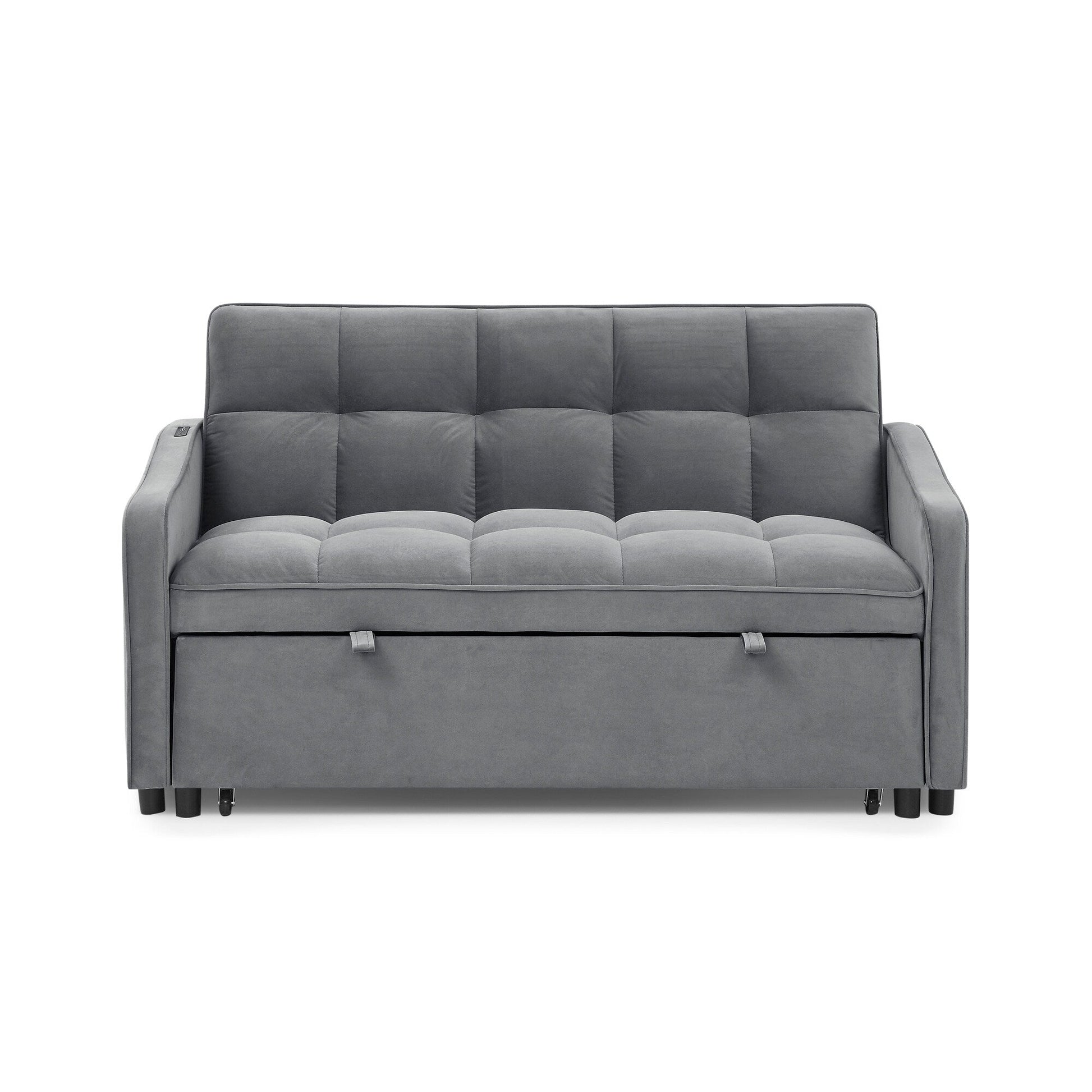 53 Foam Adjustable Loveseat Sofa Bed with Pull-Out Bed, USB/Type-C Charging, Copper Nail Trim, and Arm Storage Pockets