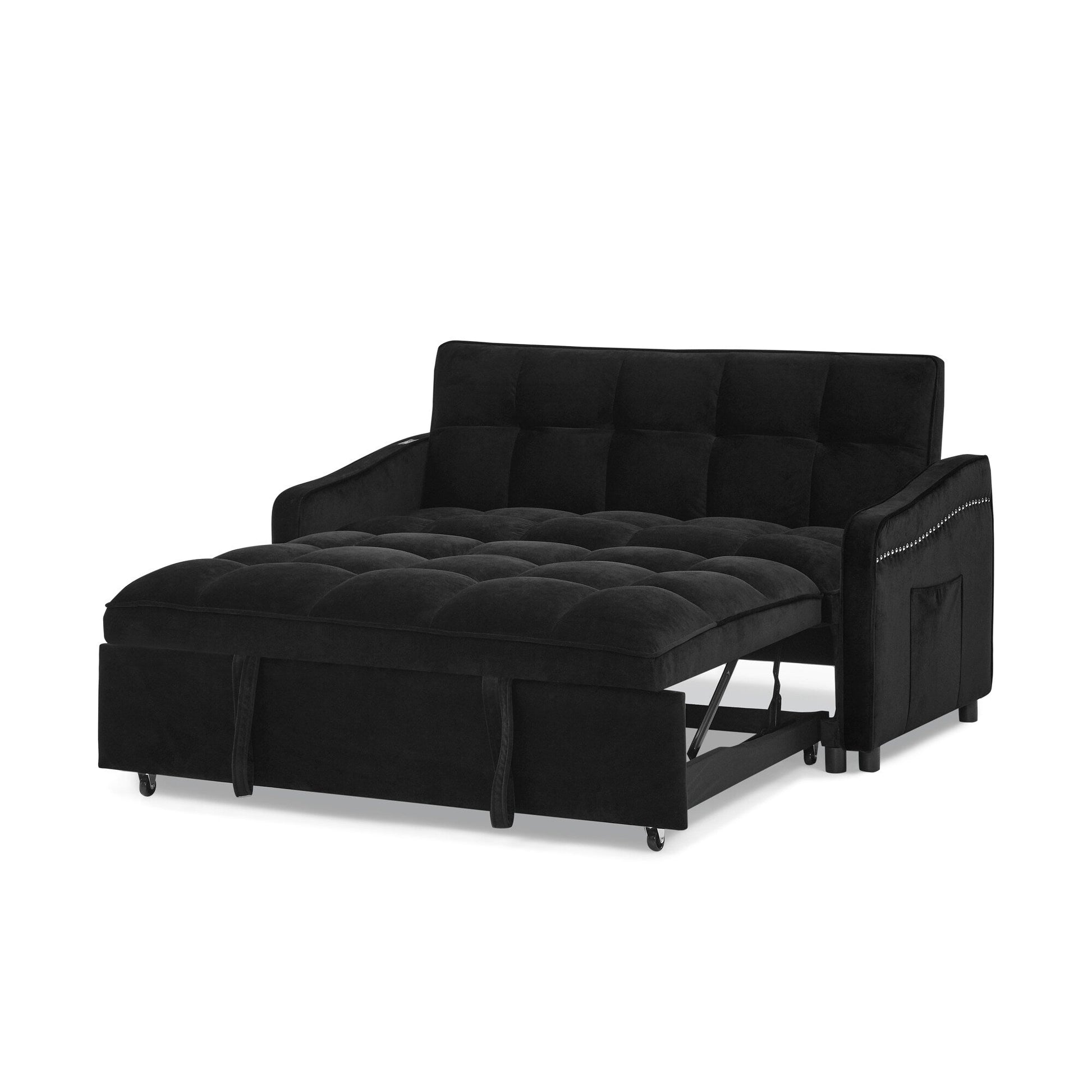 53 Foam Adjustable Loveseat Sofa Bed with Pull-Out Bed, USB/Type-C Charging, Copper Nail Trim, and Arm Storage Pockets