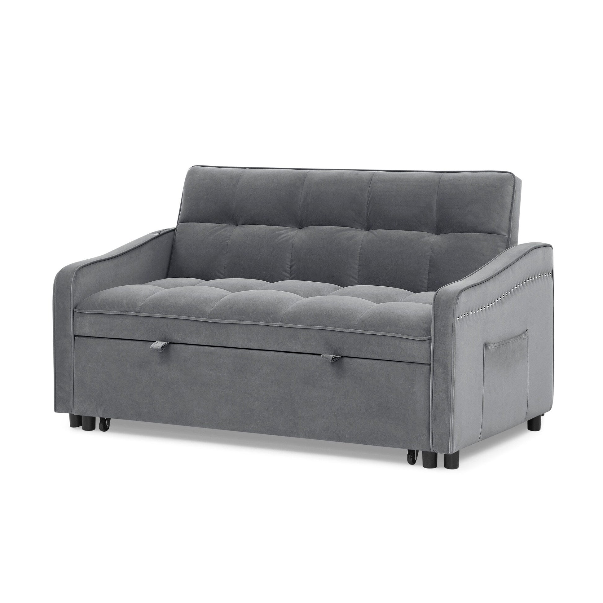 53 Foam Adjustable Loveseat Sofa Bed with Pull-Out Bed, USB/Type-C Charging, Copper Nail Trim, and Arm Storage Pockets